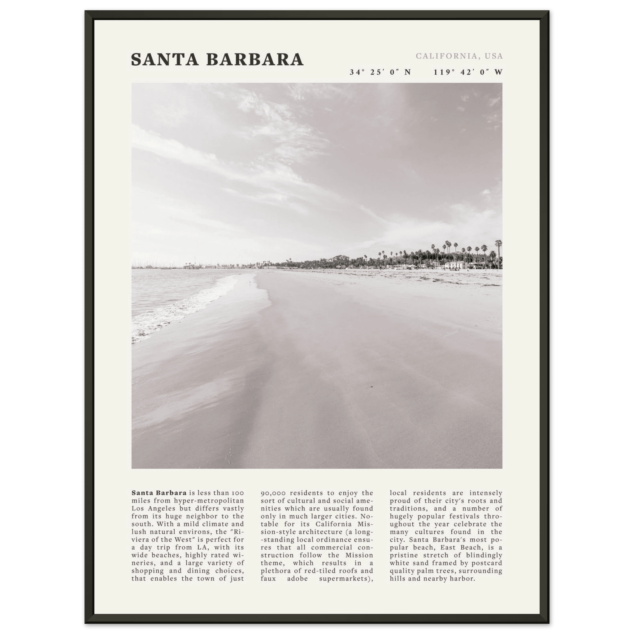 Santa Barbara Poster | Black & White California Beach Wall Art | CA Travel Print - Evergreen Posters