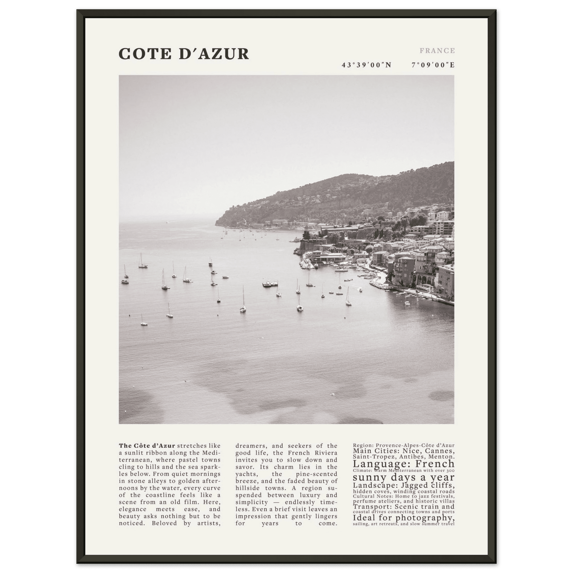 Côte d'Azur Poster Black and White – Vintage French Riviera Coast Print (Digital & Printed Options) - Evergreen Posters