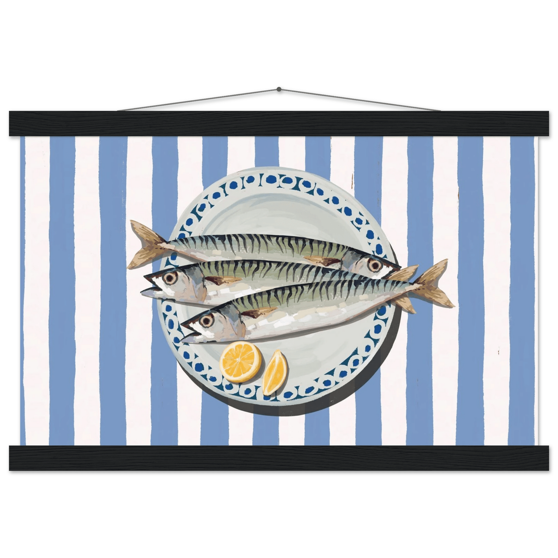 Sardines Print | Blue Stripe Fish Kitchen Wall Art | Coastal Food Poster - Evergreen Posters