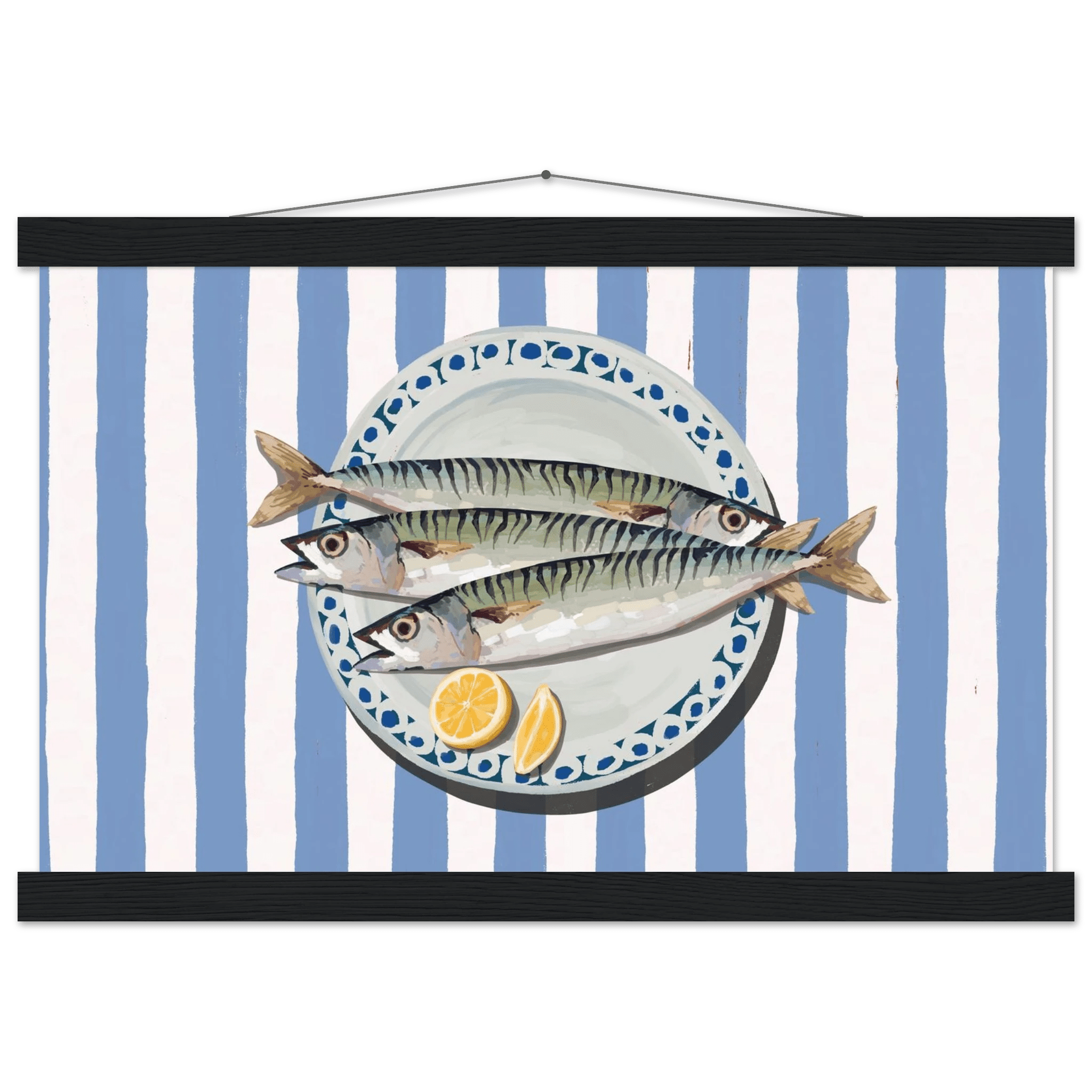 Sardines Print | Blue Stripe Fish Kitchen Wall Art | Coastal Food Poster - Evergreen Posters