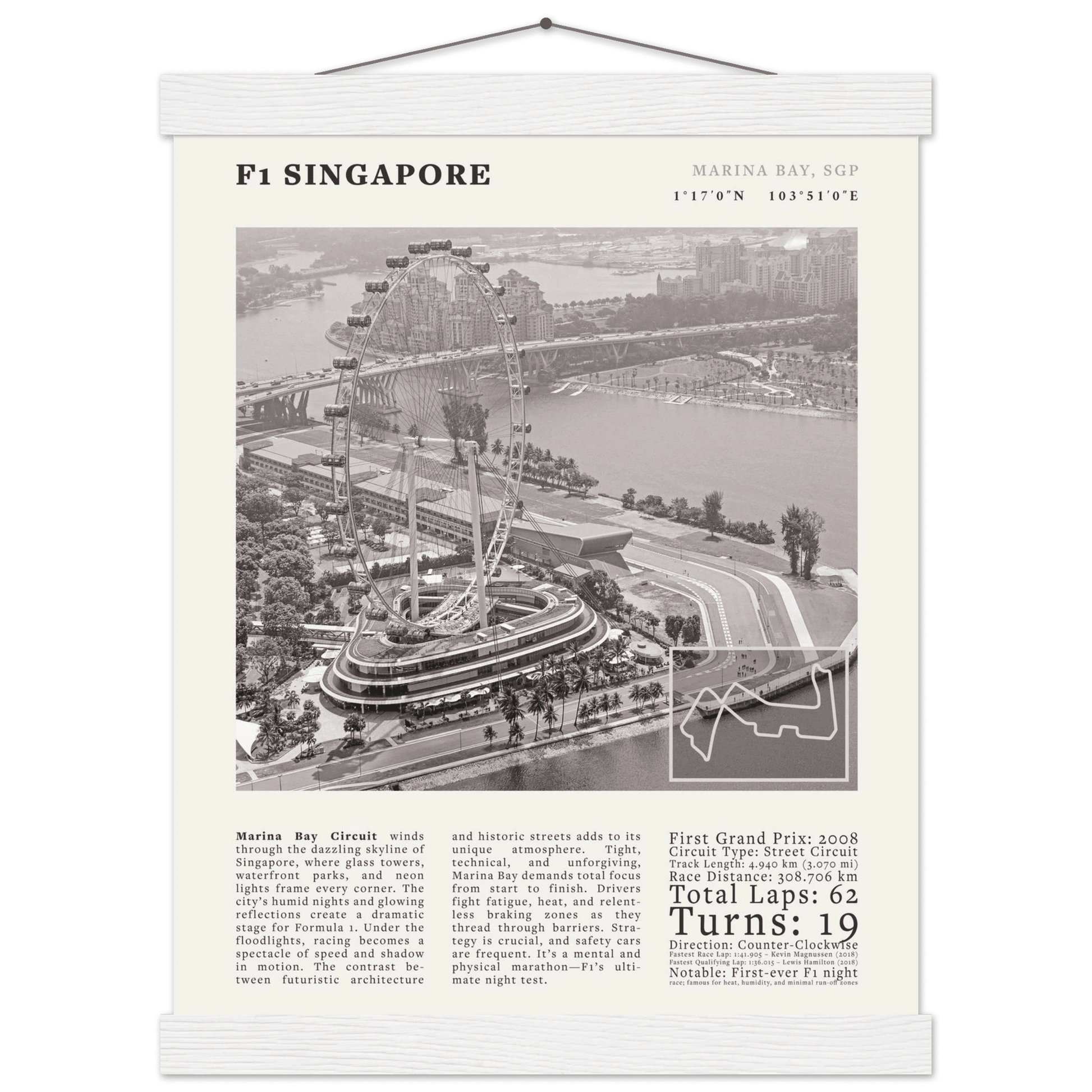 F1 Singapore Poster Black and White – Vintage Marina Bay Night Race Print (Digital & Printed Options) - Evergreen Posters