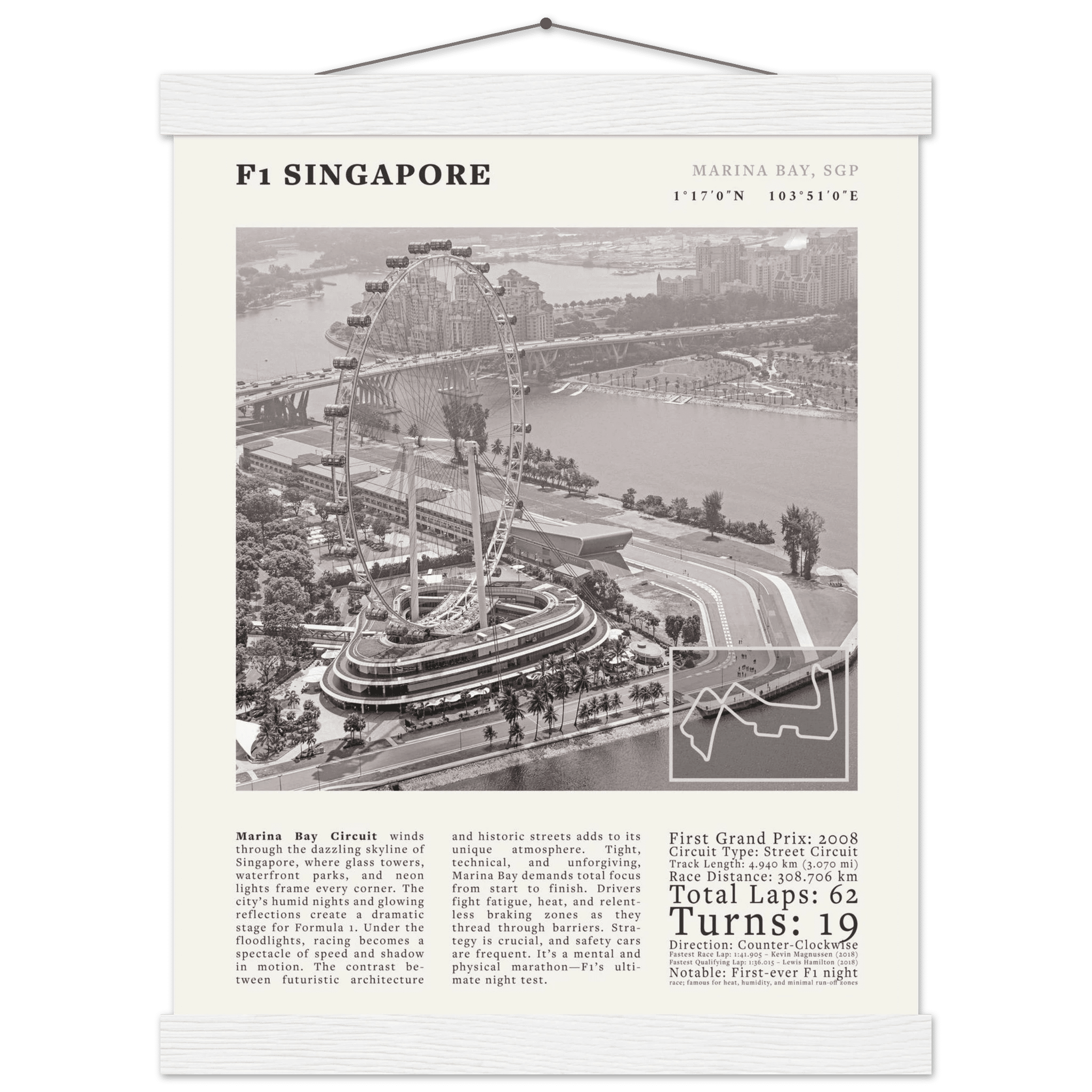 F1 Singapore Poster Black and White – Vintage Marina Bay Night Race Print (Digital & Printed Options) - Evergreen Posters