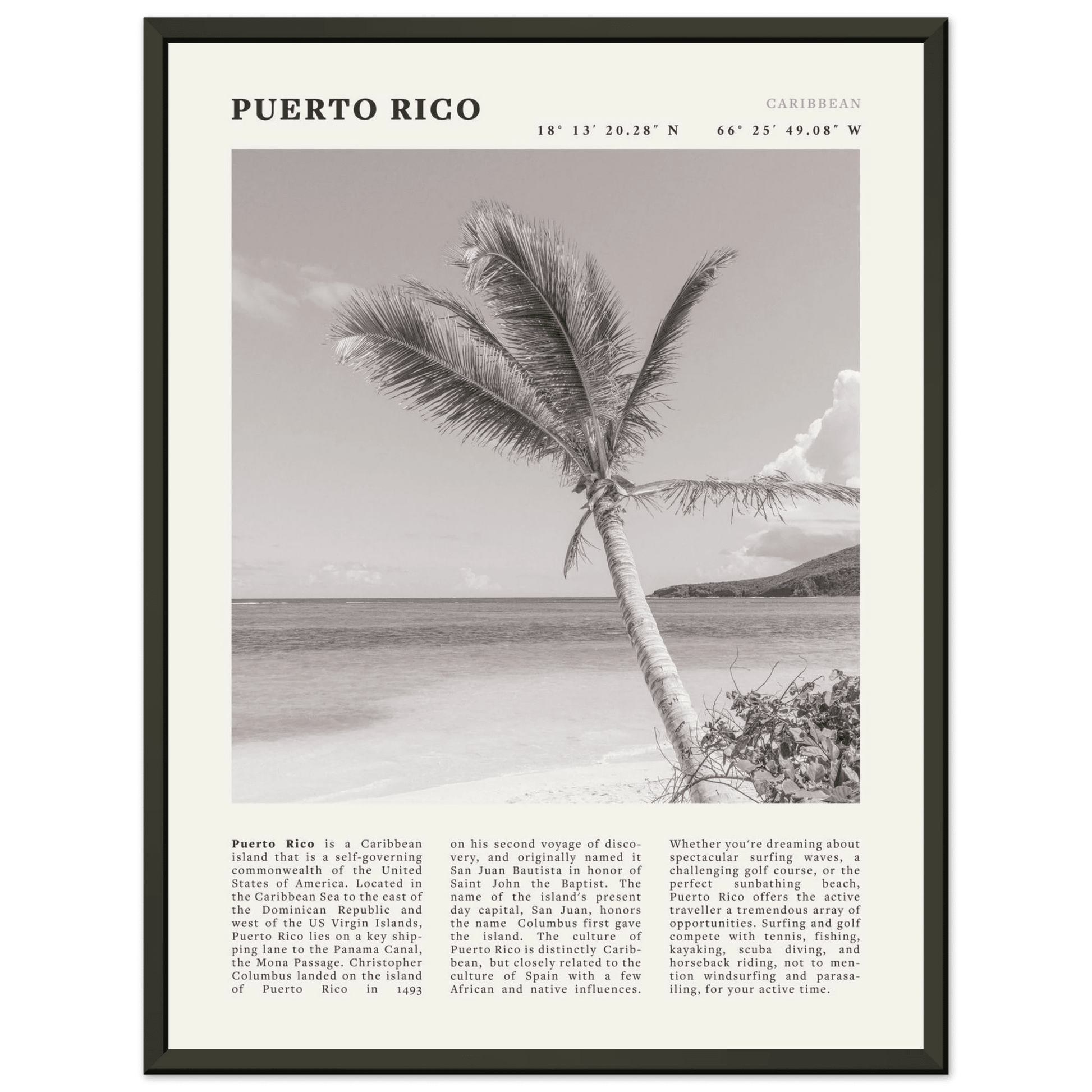 Puerto Rico Poster Black and White – Vintage Caribbean Palm Beach Print (Digital & Printed Options) - Evergreen Posters