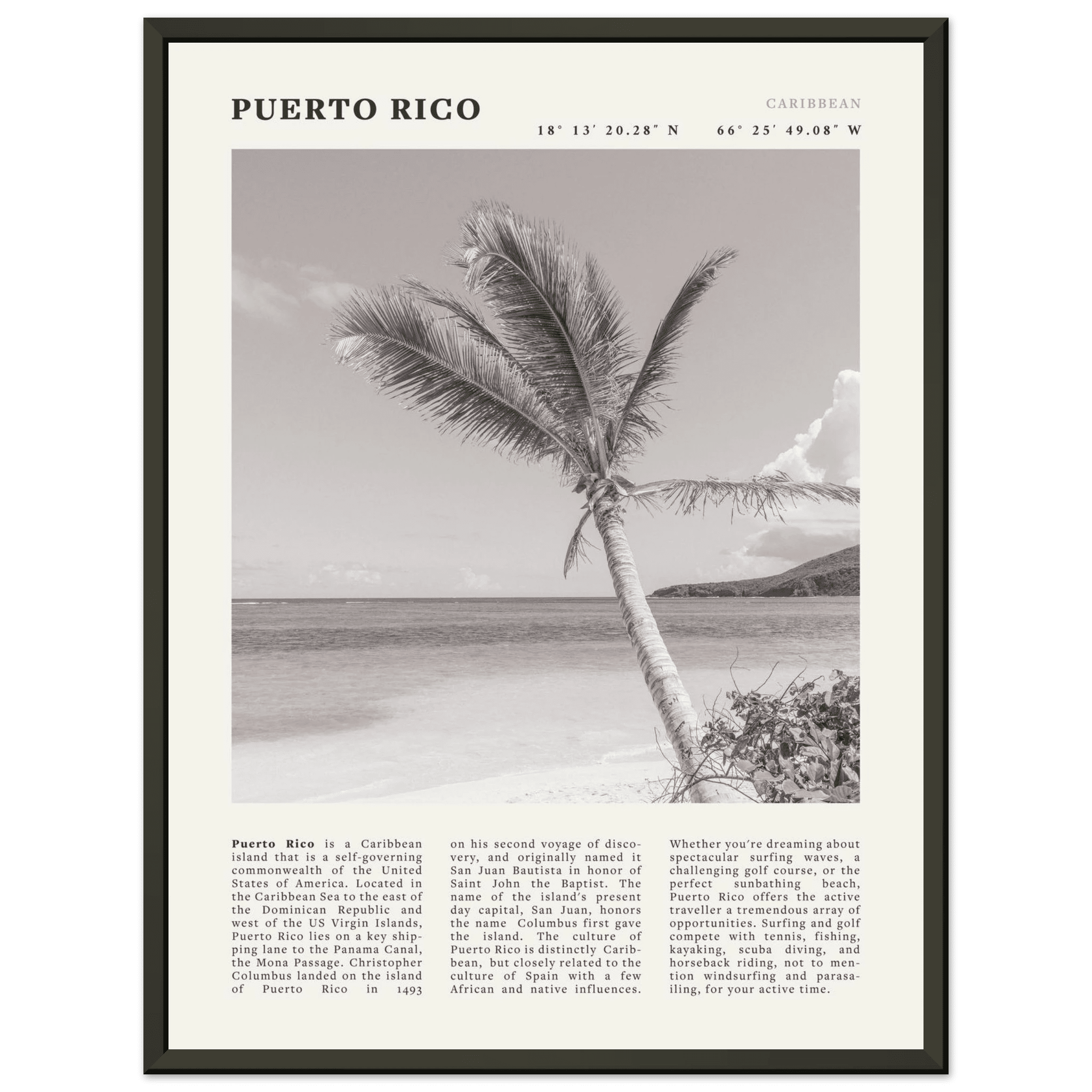 Puerto Rico Poster Black and White – Vintage Caribbean Palm Beach Print (Digital & Printed Options) - Evergreen Posters
