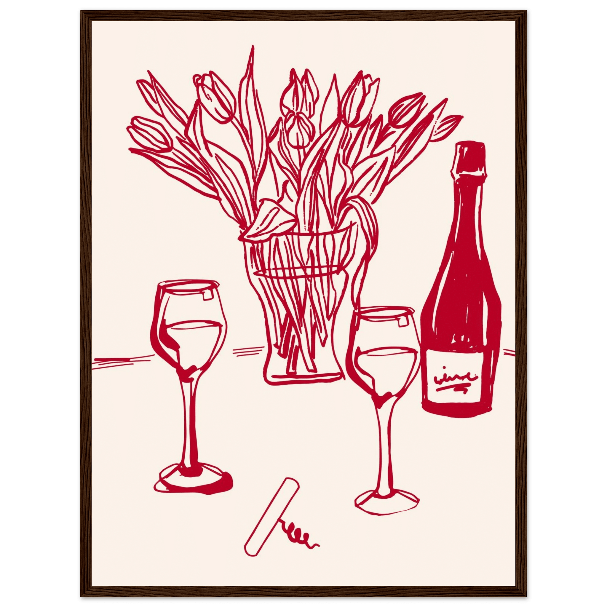 Red Wine & Tulips Print | Line Art Wine Bottle Wall Art | Kitchen Poster - Evergreen Posters