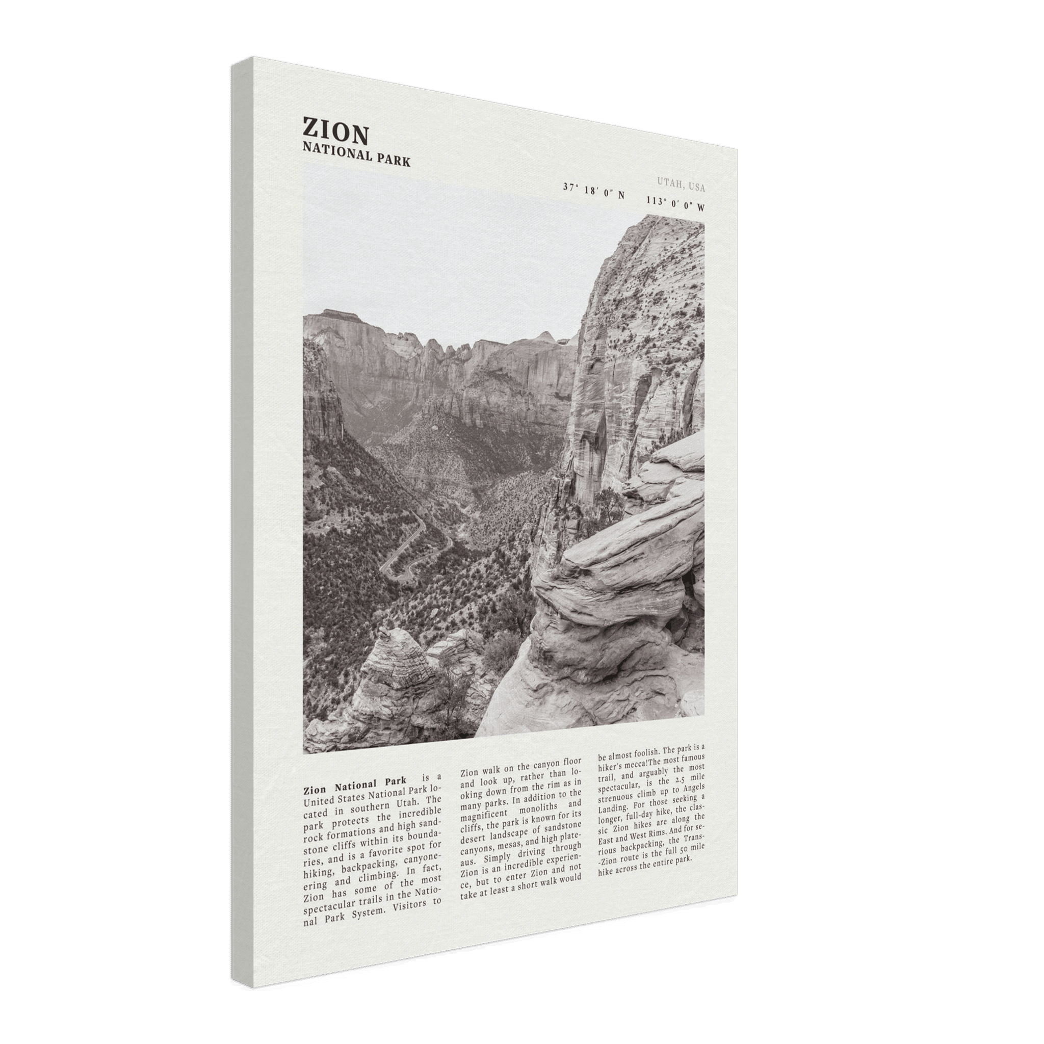 Zion National Park Poster | Black & White Utah Canyon Wall Art | USA Travel Print - Evergreen Posters