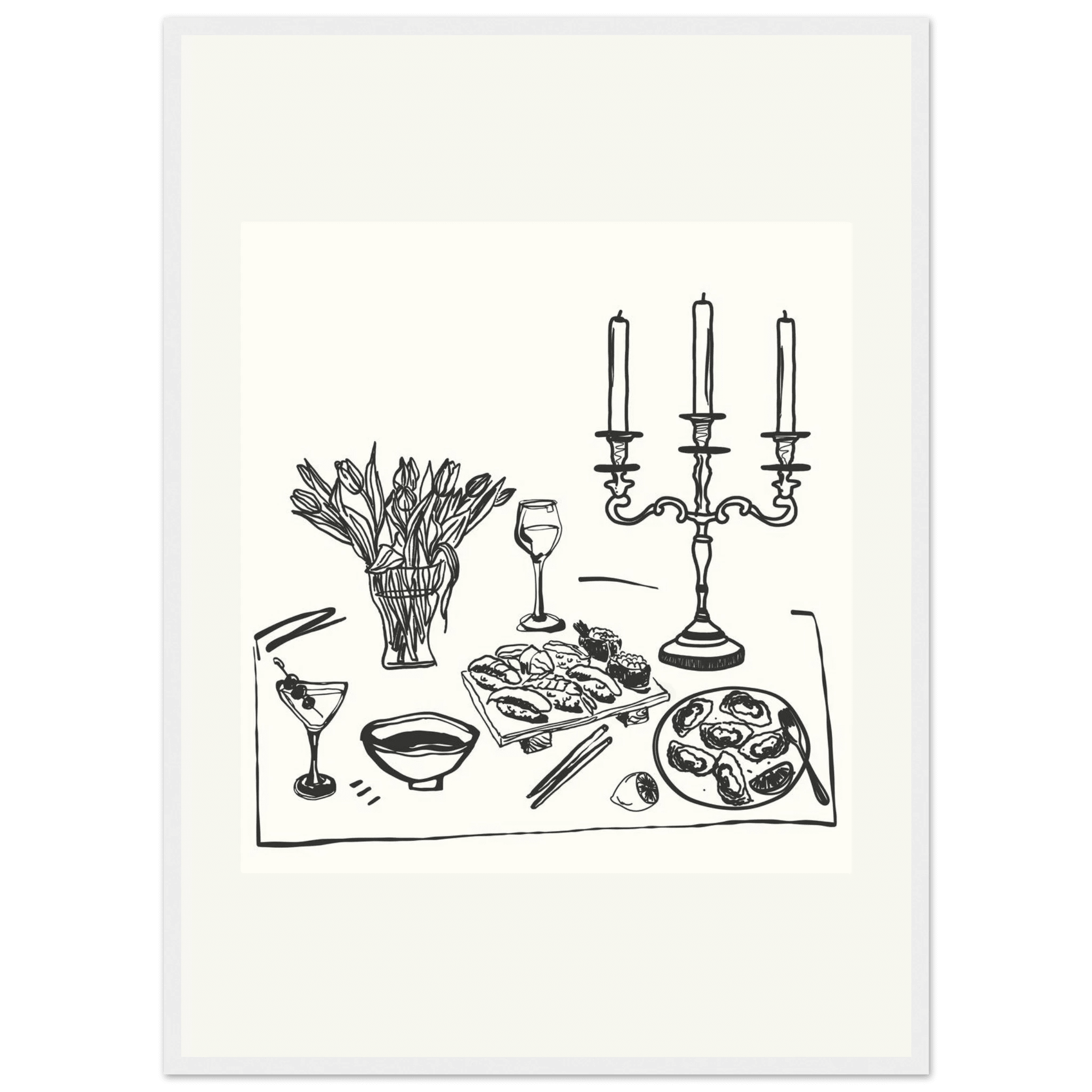Fine Dining Table Print | Black Line Art Kitchen Wall Art | Elegant Dining Room Poster - Evergreen Posters
