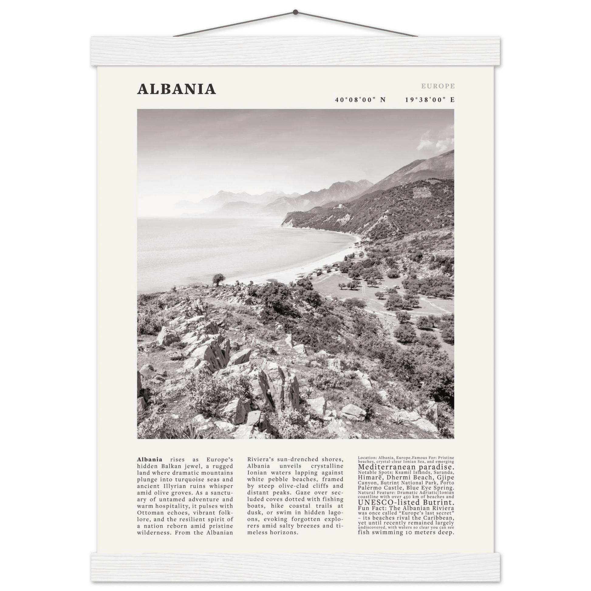 Albania Poster Black and White – Vintage Albanian Riviera Travel Print (Digital & Printed Options) - Evergreen Posters