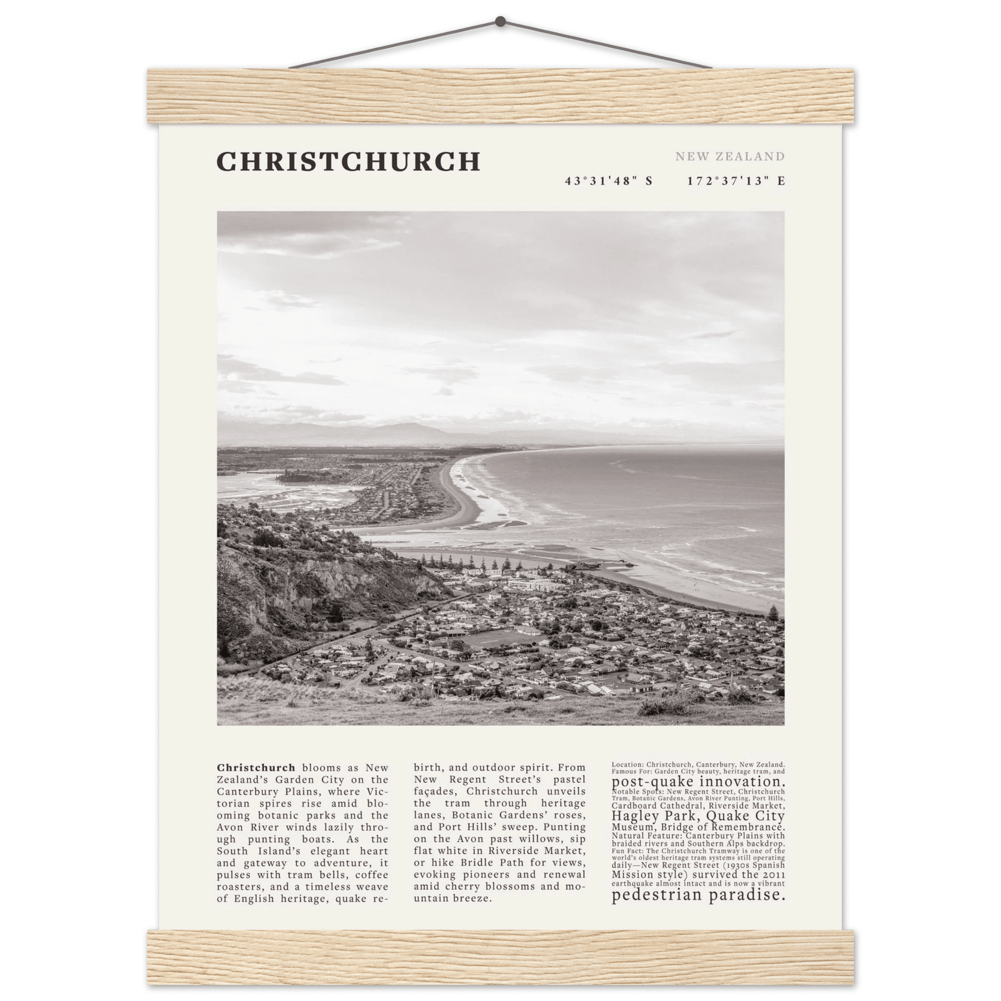 Christchurch New Zealand Poster Black and White – Vintage Garden City Panorama Print - Evergreen Posters