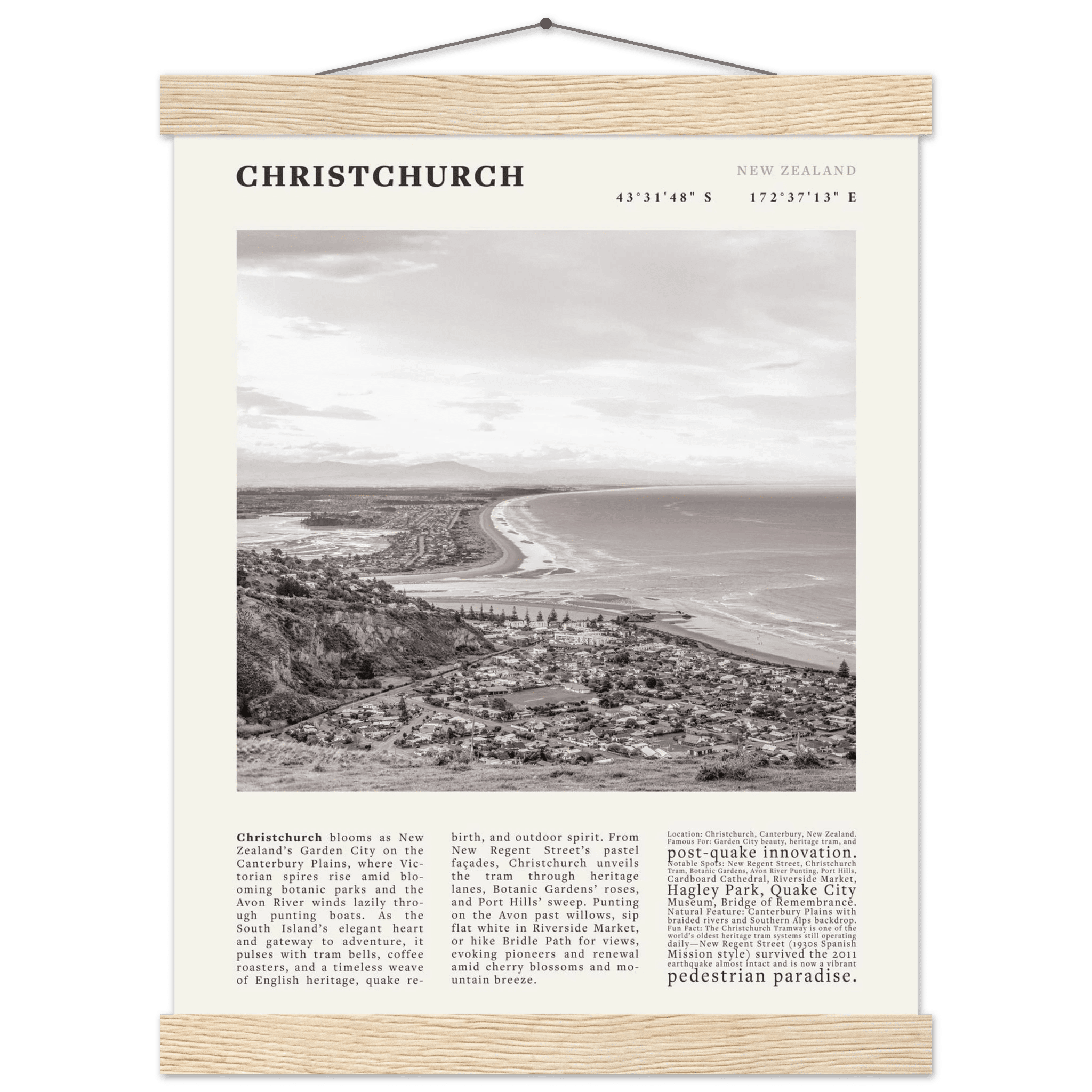 Christchurch New Zealand Poster Black and White – Vintage Garden City Panorama Print - Evergreen Posters