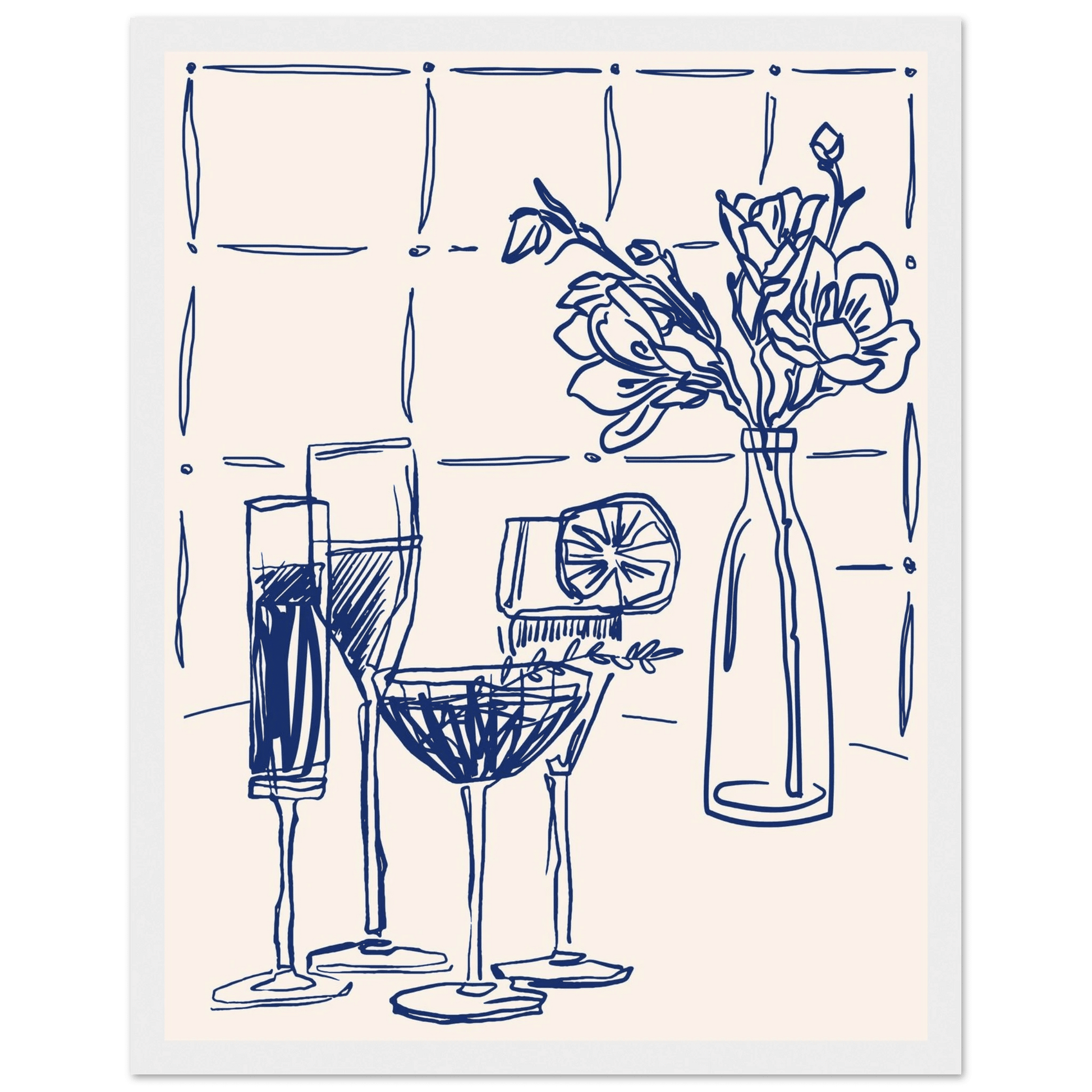 Cocktails & Flowers Print | Navy Blue Line Art Drinks Wall Art | Kitchen Bar Poster - Evergreen Posters