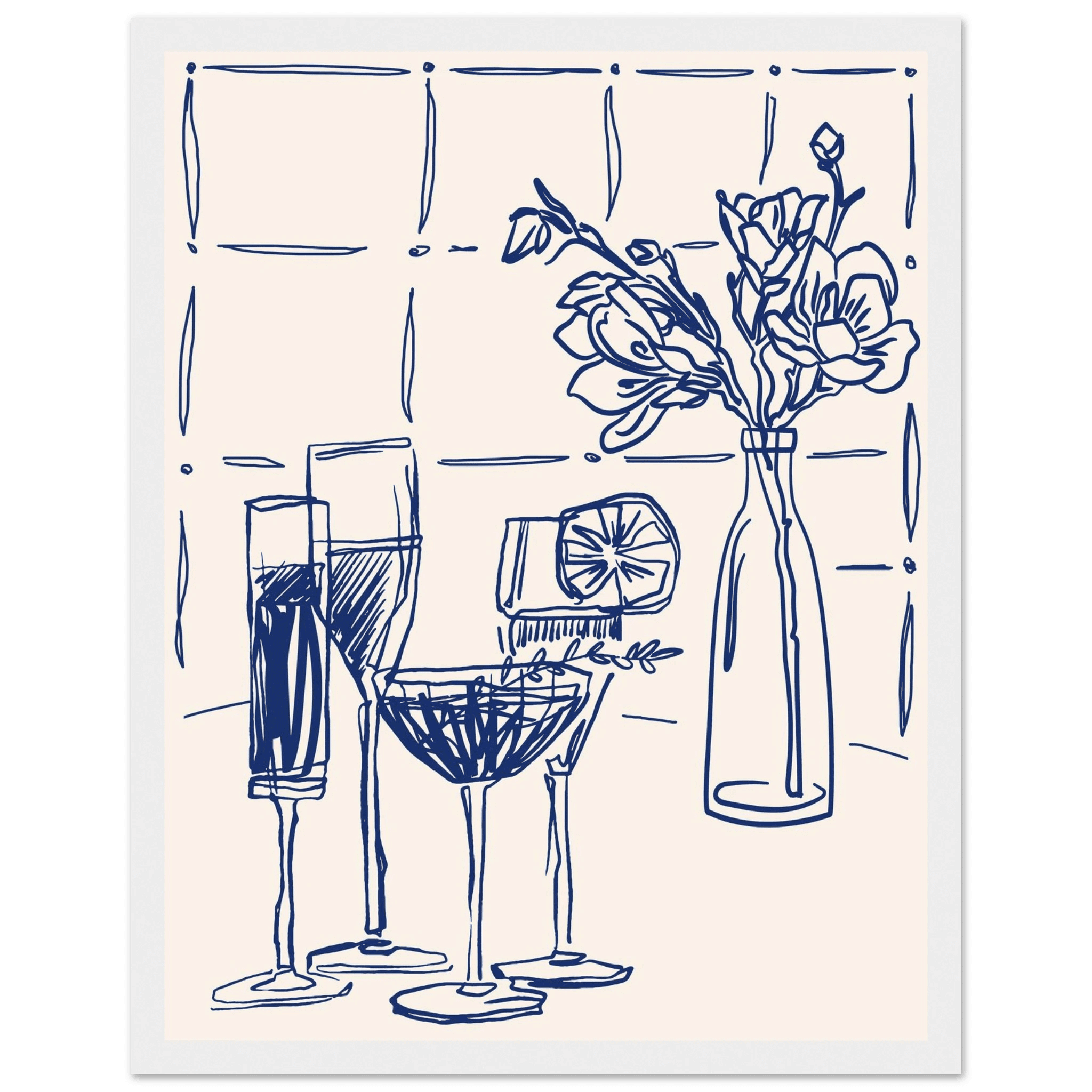 Cocktails & Flowers Print | Navy Blue Line Art Drinks Wall Art | Kitchen Bar Poster - Evergreen Posters