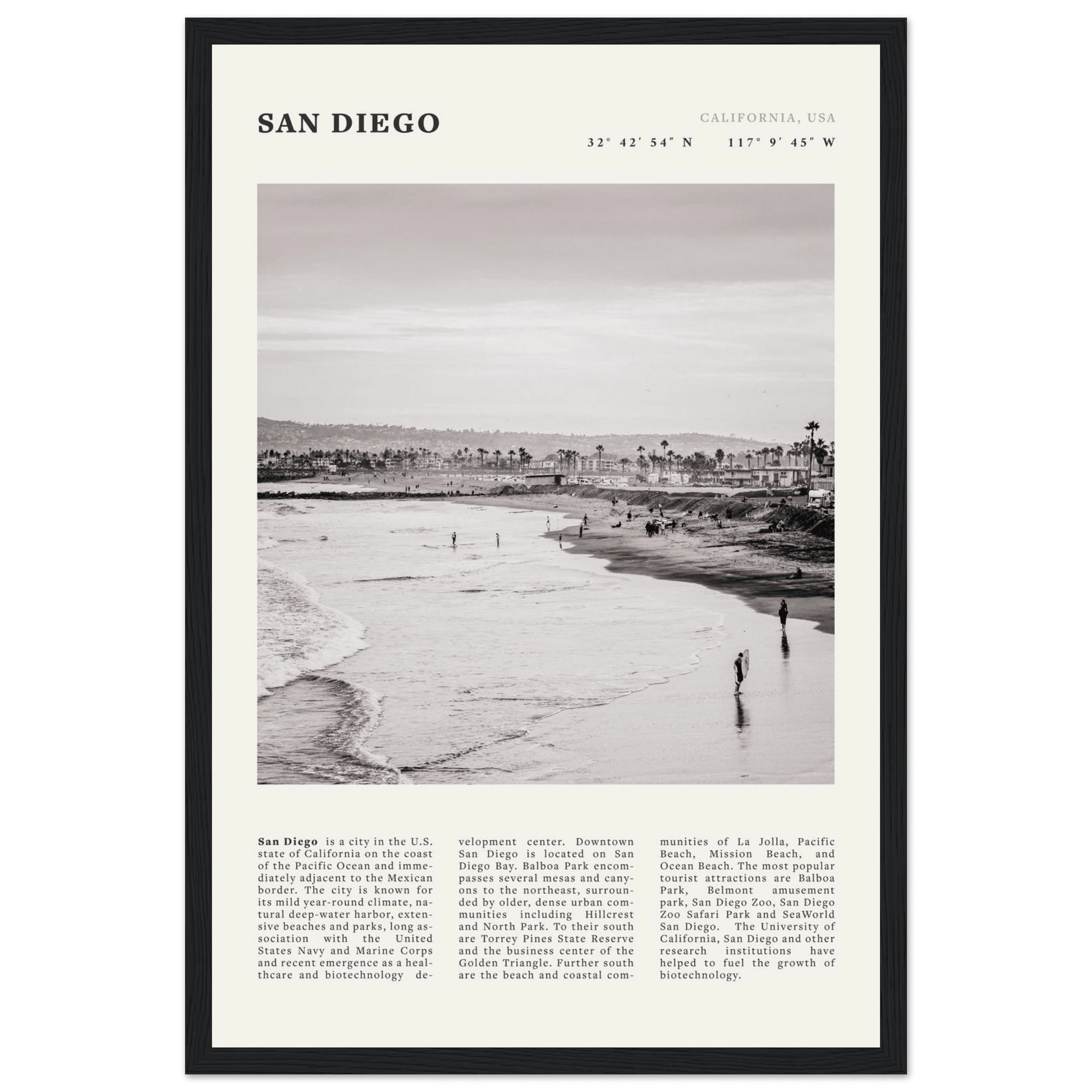 San Diego Poster | Black & White California Beach Wall Art | Coastal Travel Print Decor - Evergreen Posters
