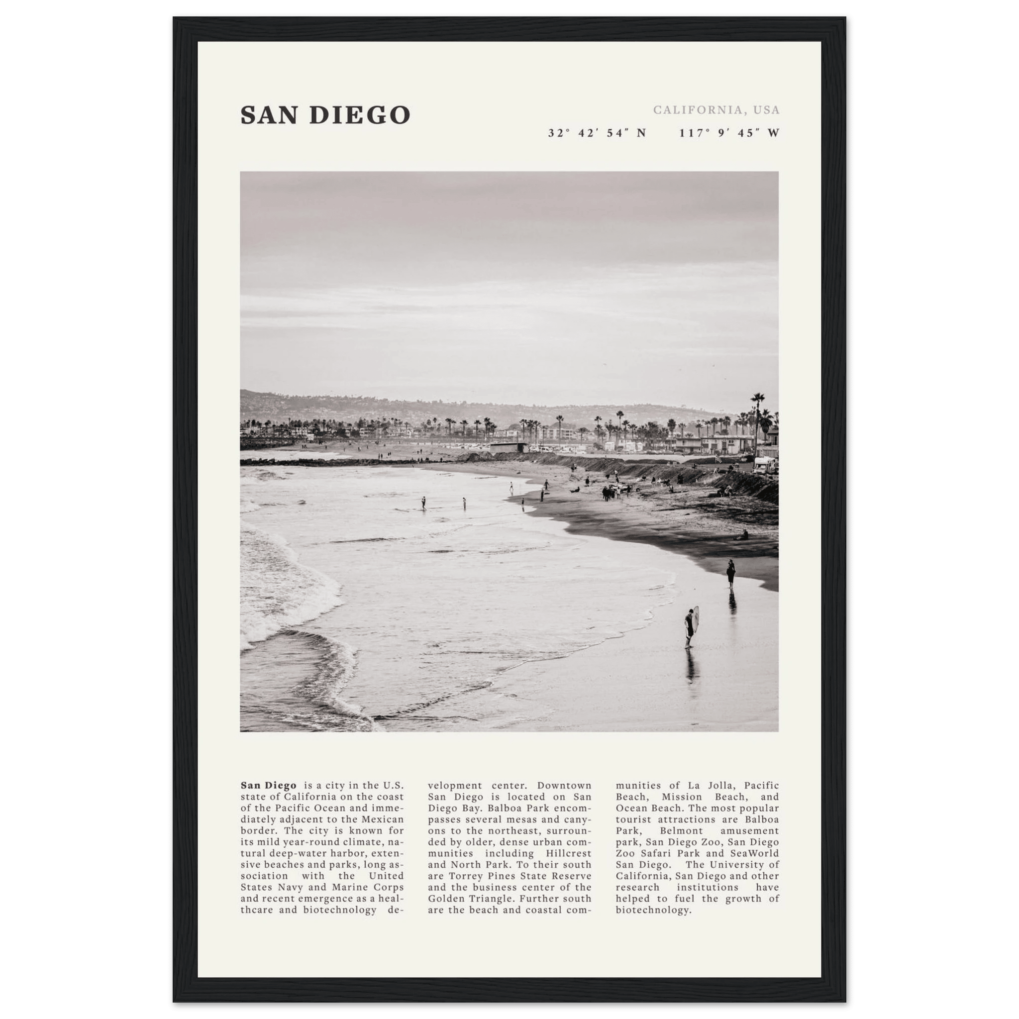 San Diego Poster | Black & White California Beach Wall Art | Coastal Travel Print Decor - Evergreen Posters