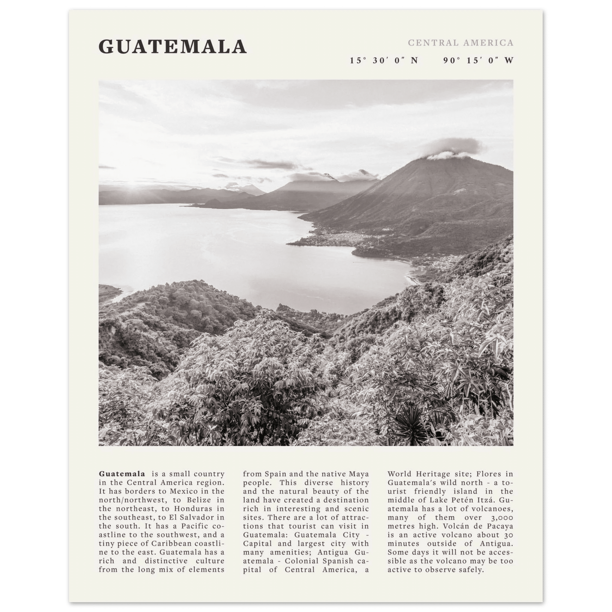 Guatemala Poster | Black & White Lake Atitlan Wall Art | Central America Travel Print - Evergreen Posters