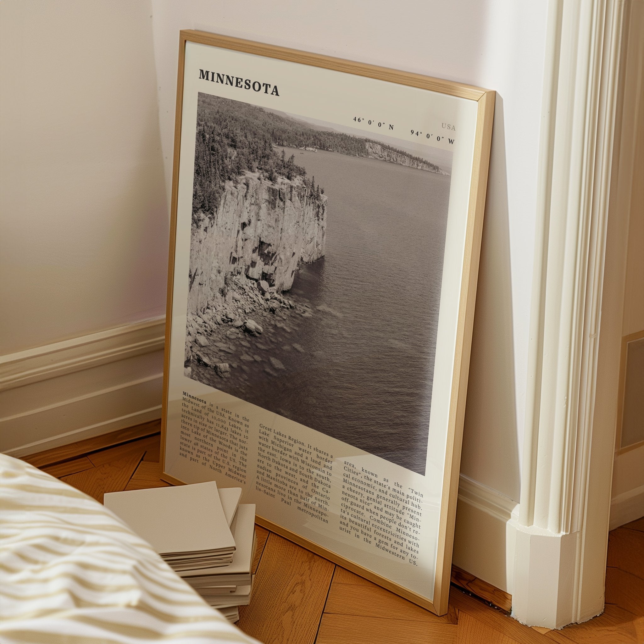 Minnesota Poster | Black & White Lake Superior Wall Art | USA Nature Travel Print - Evergreen Posters
