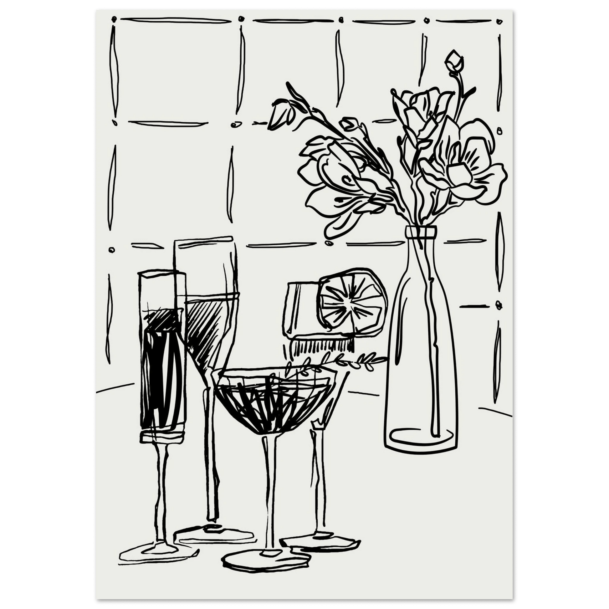 Cocktails & Flowers Print | Black Line Art Drinks Wall Art | Kitchen Bar Poster - Evergreen Posters