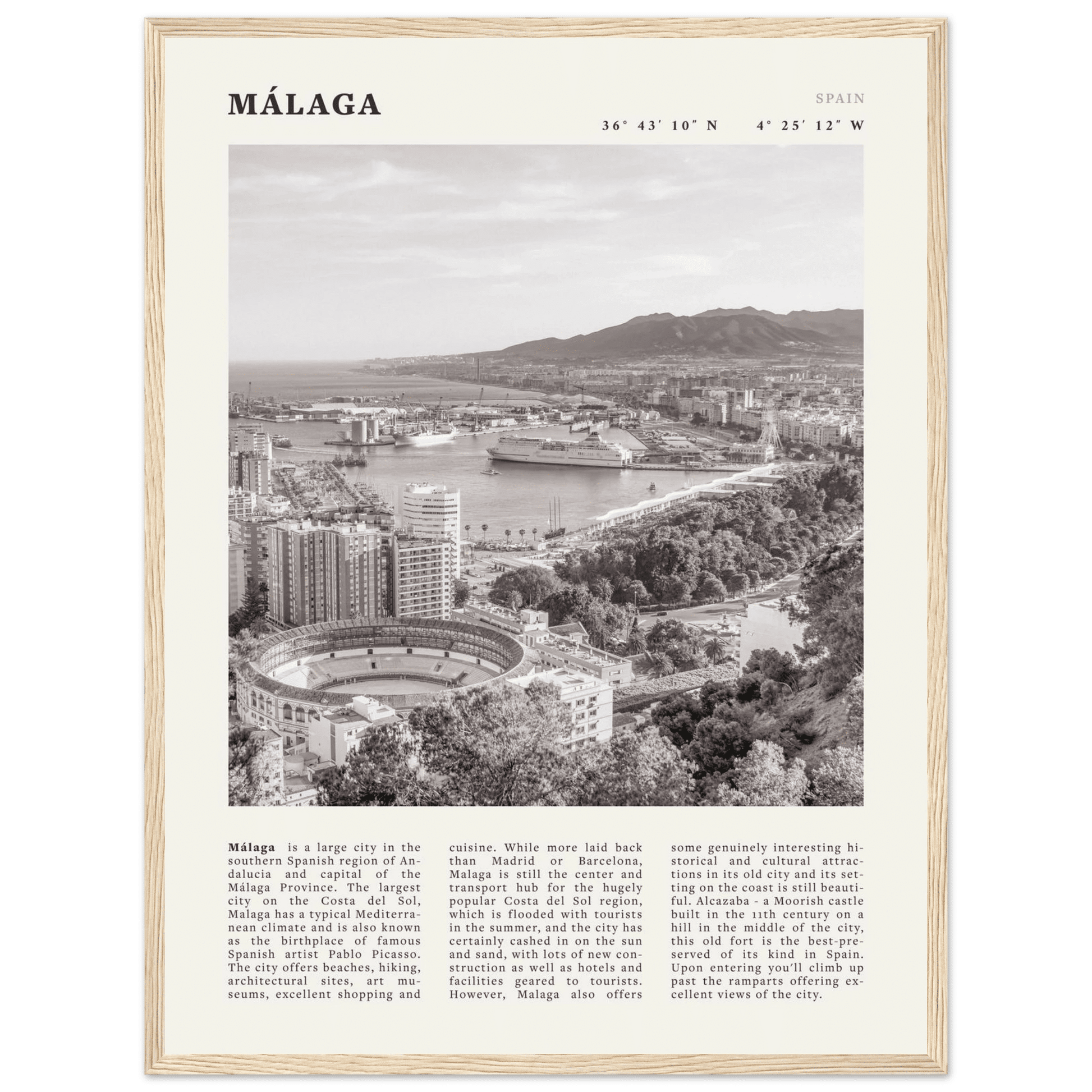 Málaga Poster | Black & White Costa del Sol Wall Art | Spain Travel Print - Evergreen Posters