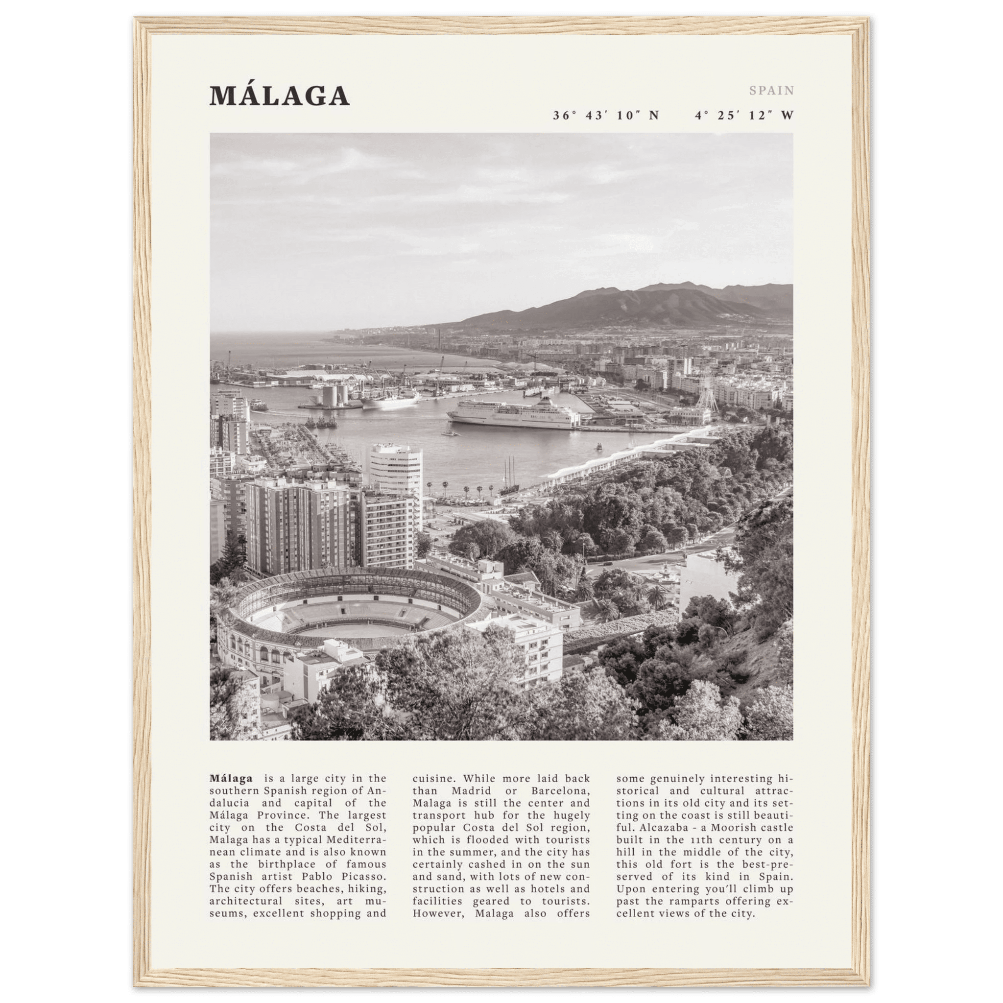 Málaga Poster | Black & White Costa del Sol Wall Art | Spain Travel Print - Evergreen Posters