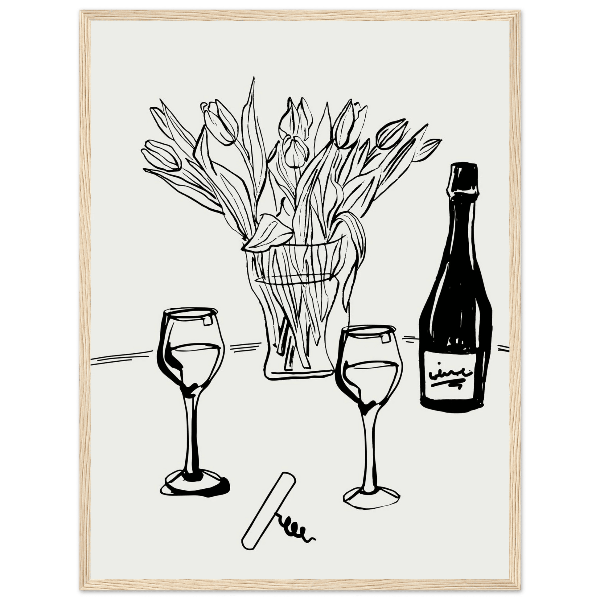 Wine & Tulips Print | Black Line Art Wine Bottle Wall Art | Minimalist Kitchen Poster - Evergreen Posters