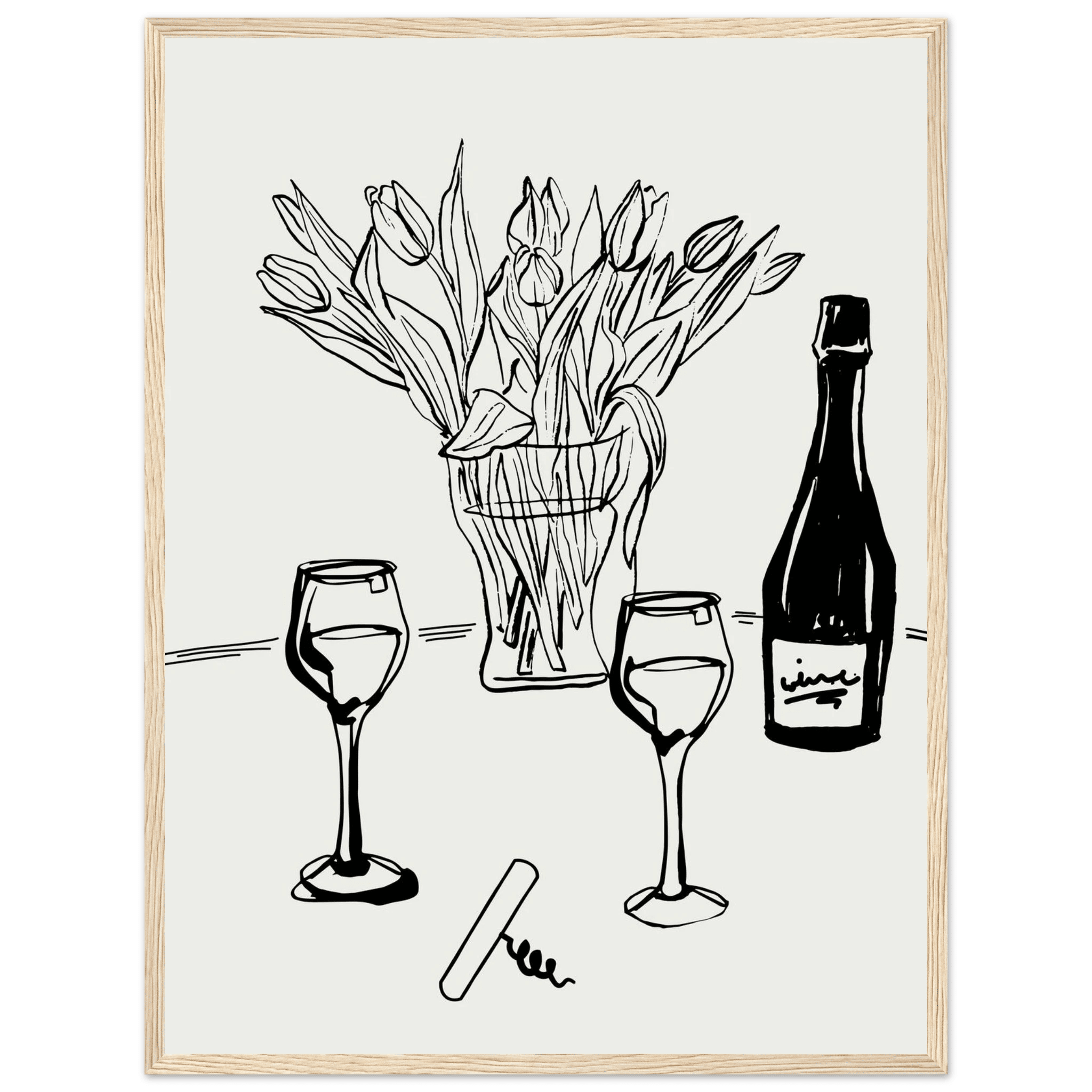 Wine & Tulips Print | Black Line Art Wine Bottle Wall Art | Minimalist Kitchen Poster - Evergreen Posters