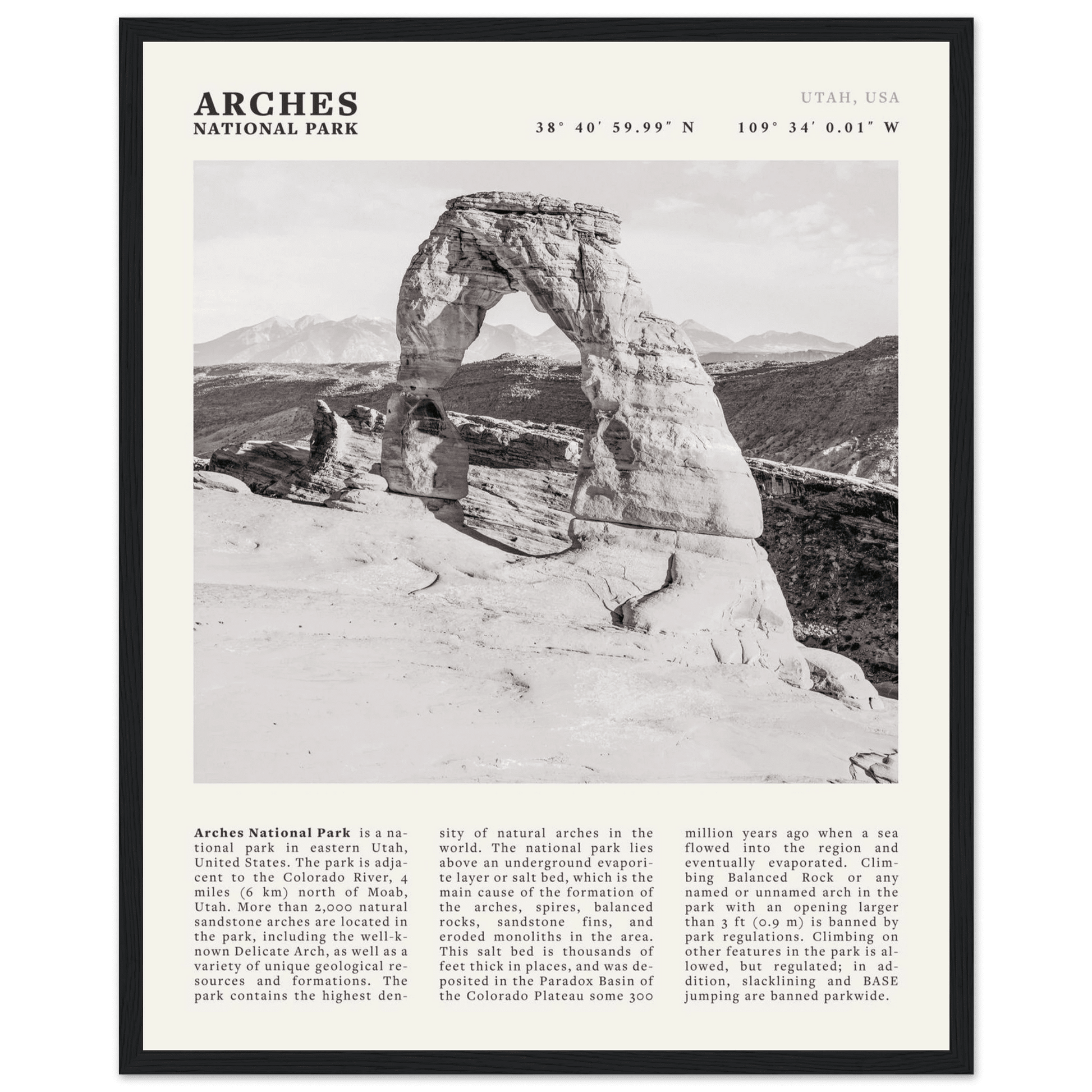 Arches National Park Poster | Black & White Utah Wall Art | Delicate Arch Print - Evergreen Posters