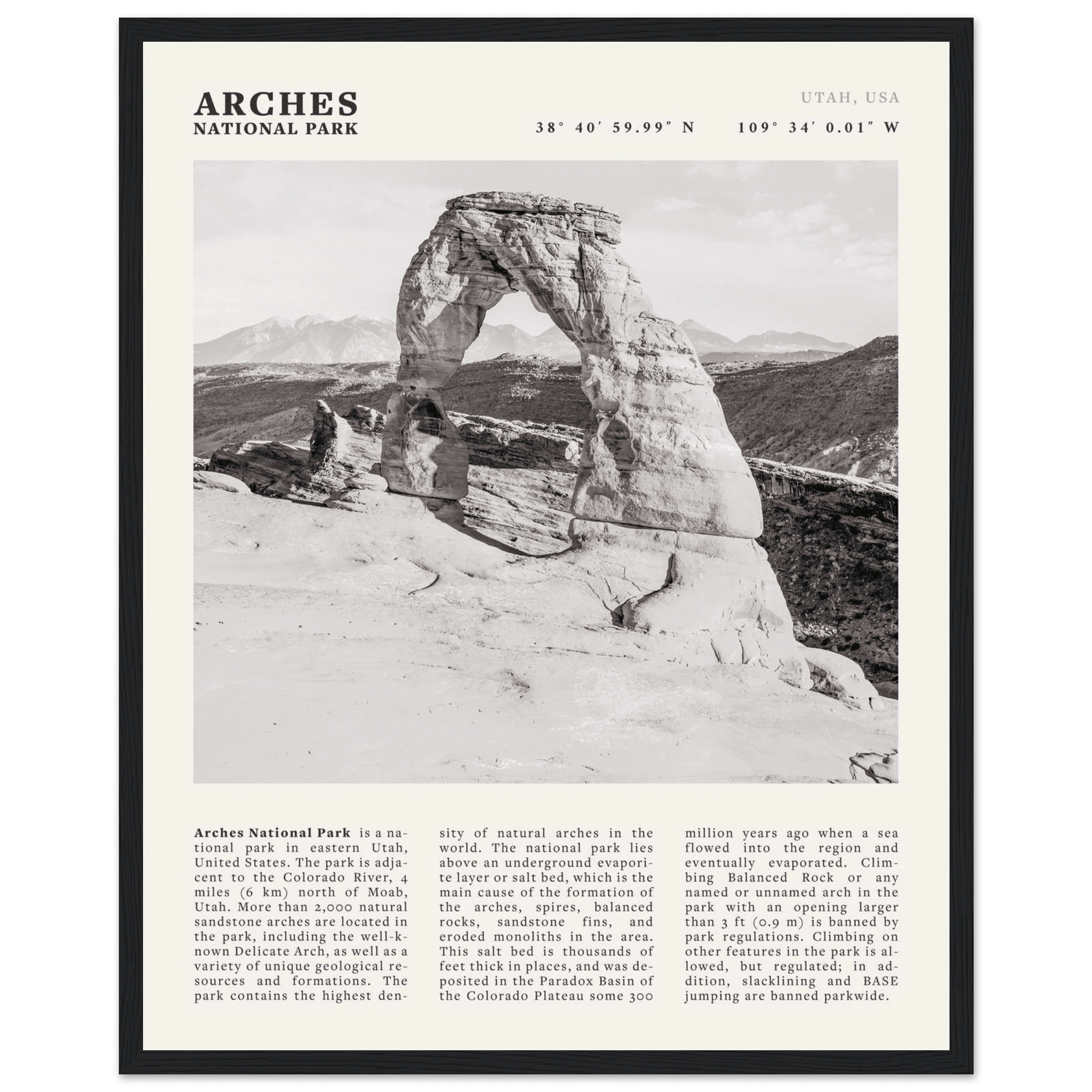 Arches National Park Poster | Black & White Utah Wall Art | Delicate Arch Print - Evergreen Posters
