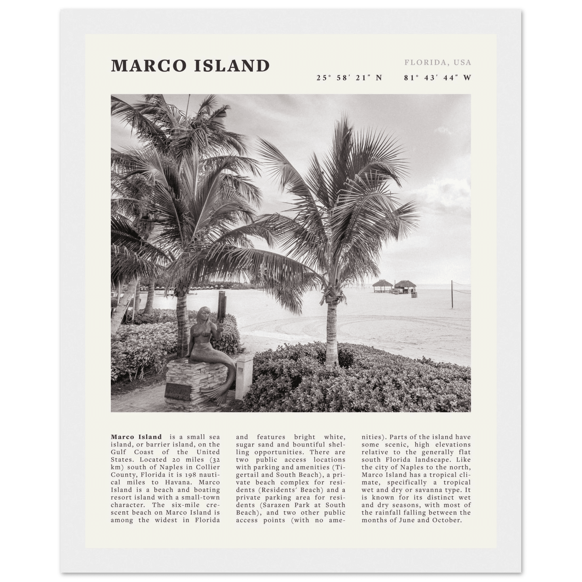 Marco Island Poster | Black & White Florida Beach Wall Art | Coastal Travel Print - Evergreen Posters