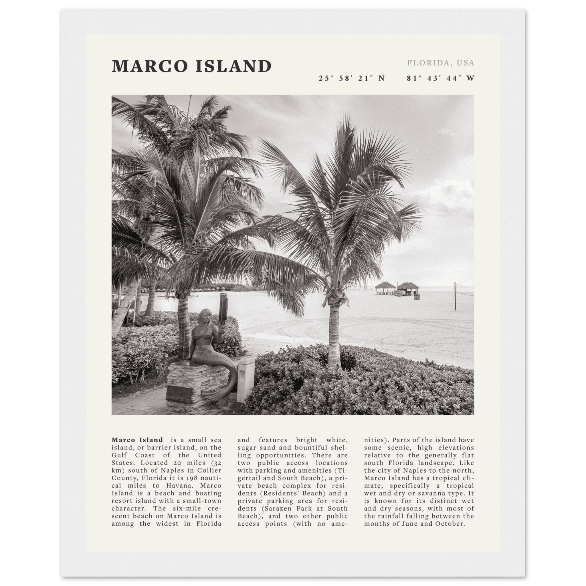 Marco Island Poster | Black & White Florida Beach Wall Art | Coastal Travel Print - Evergreen Posters