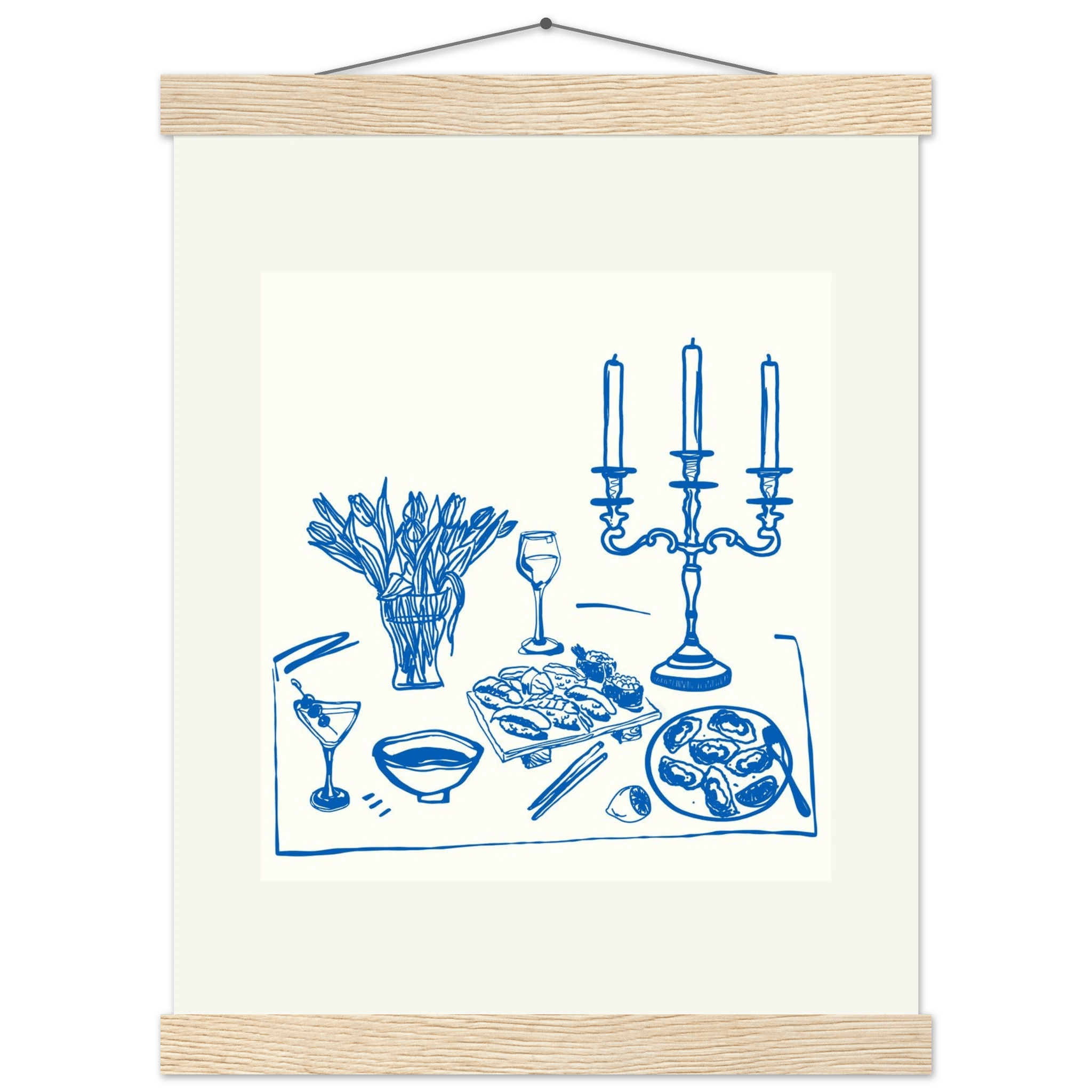 Fine Dining Table Print | Blue Line Art Kitchen Wall Art | Elegant Dining Room Poster - Evergreen Posters