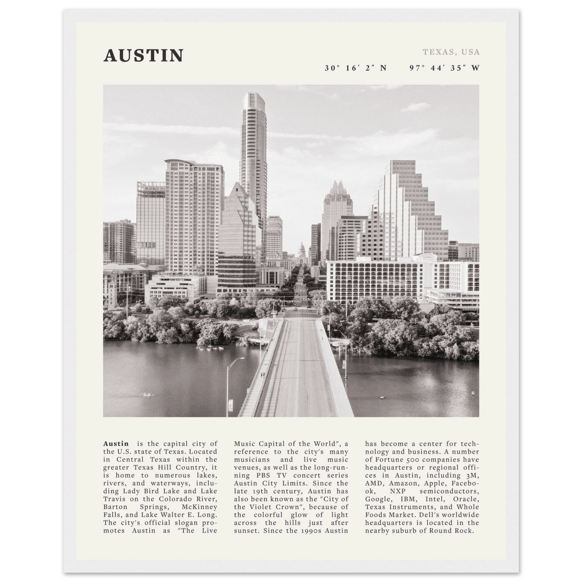 Austin Poster | Black & White Texas Skyline Wall Art | City Travel Print Decor - Evergreen Posters