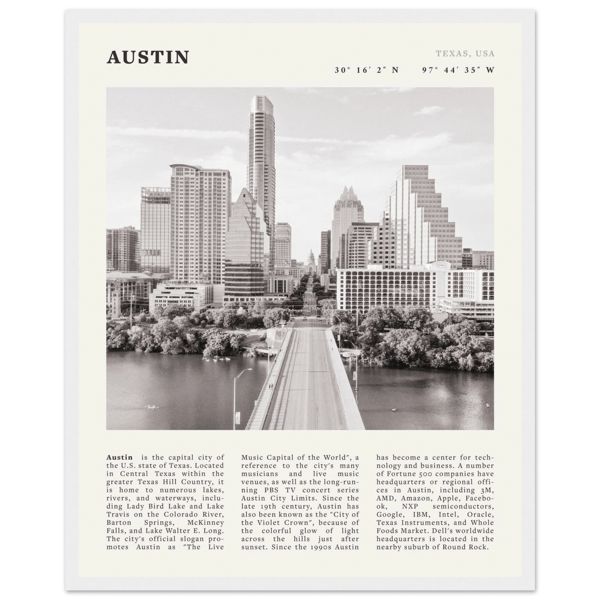 Austin Poster | Black & White Texas Skyline Wall Art | City Travel Print Decor - Evergreen Posters