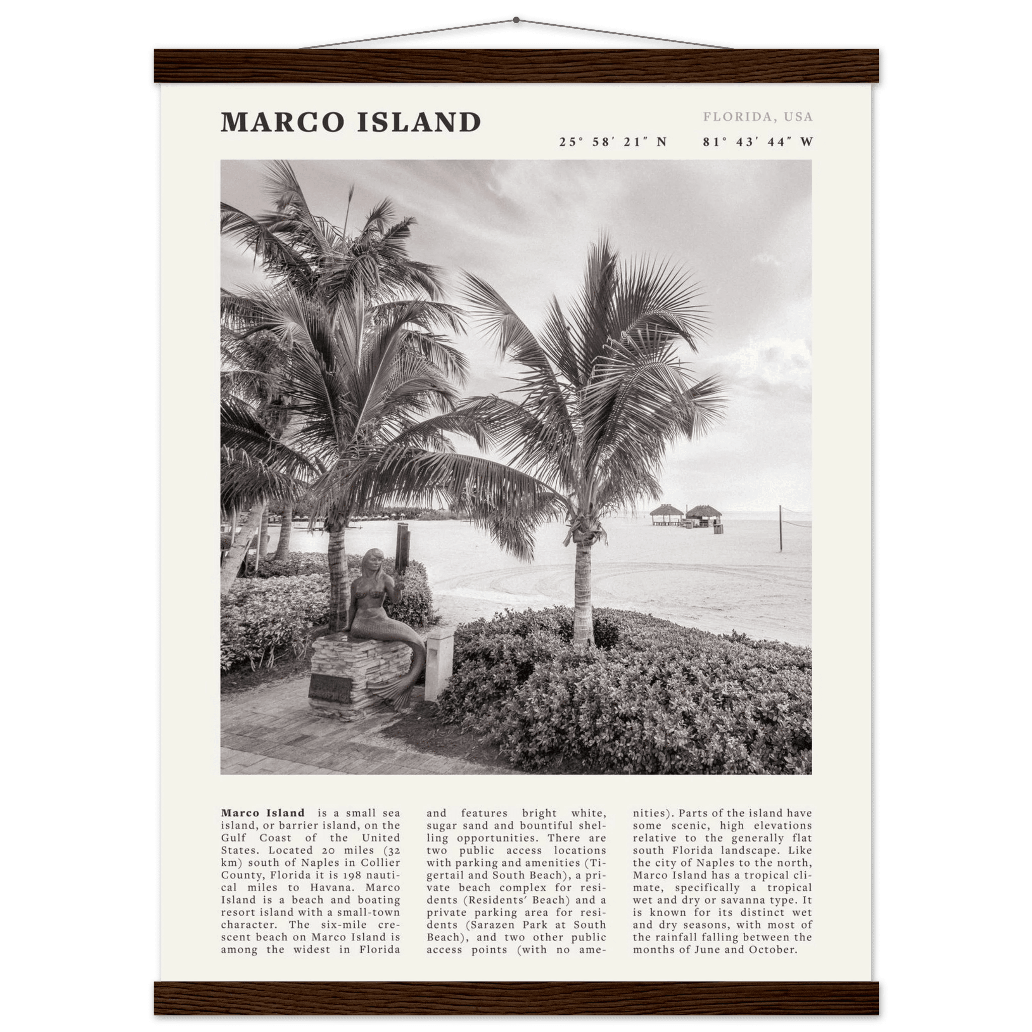 Marco Island Poster | Black & White Florida Beach Wall Art | Coastal Travel Print - Evergreen Posters