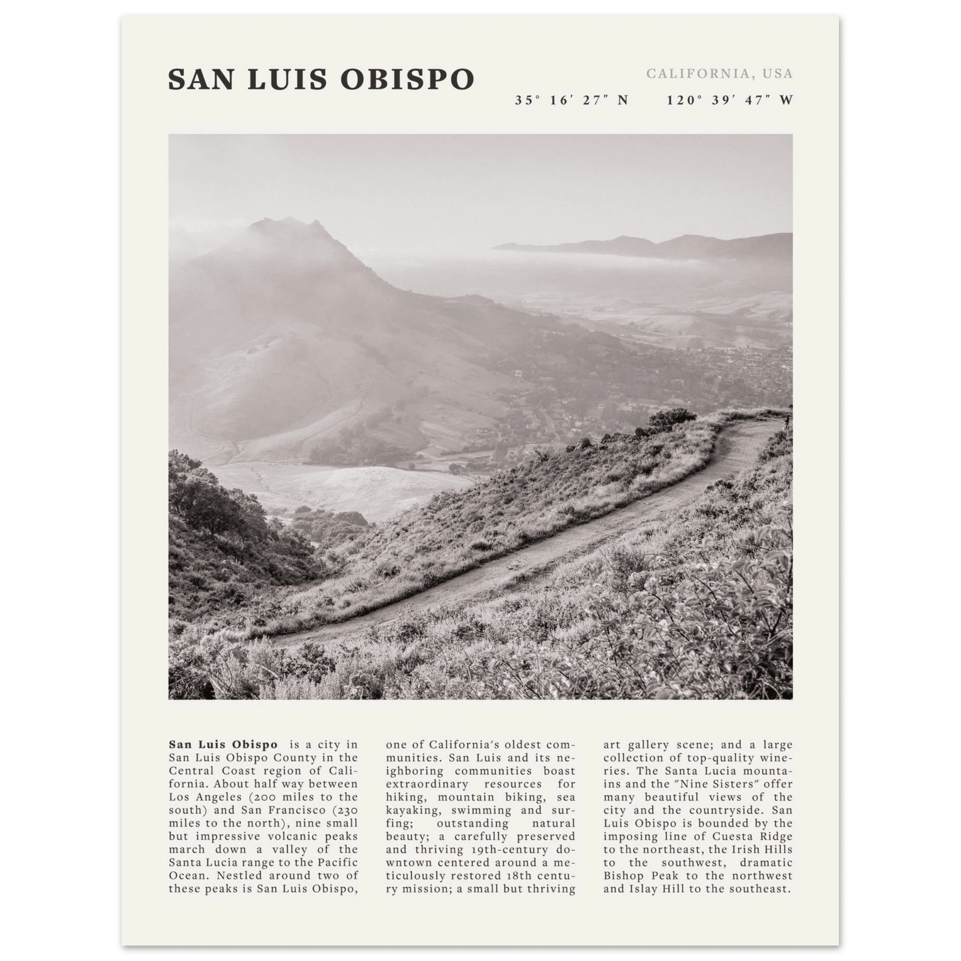 San Luis Obispo Poster | Black & White California Wall Art | SLO Travel Print - Evergreen Posters