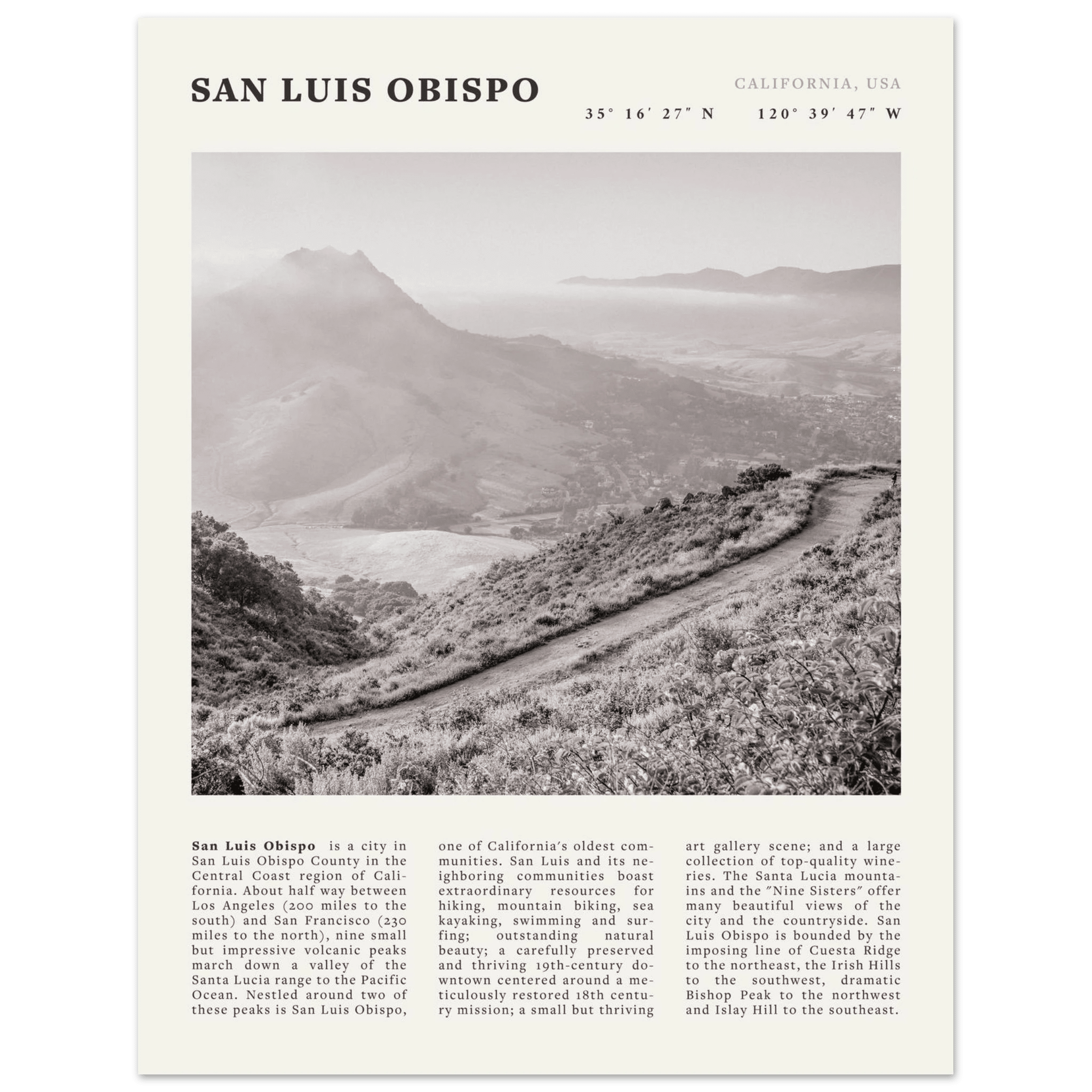 San Luis Obispo Poster | Black & White California Wall Art | SLO Travel Print - Evergreen Posters