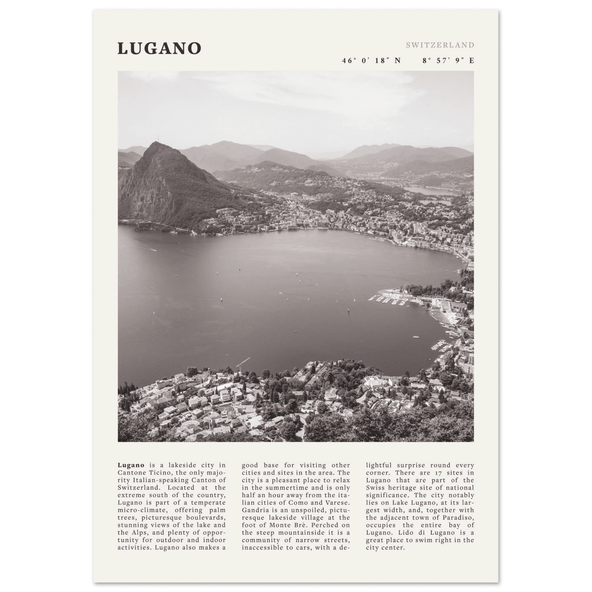 Lugano Poster | Black & White Swiss Lake Wall Art | Switzerland Travel Print - Evergreen Posters