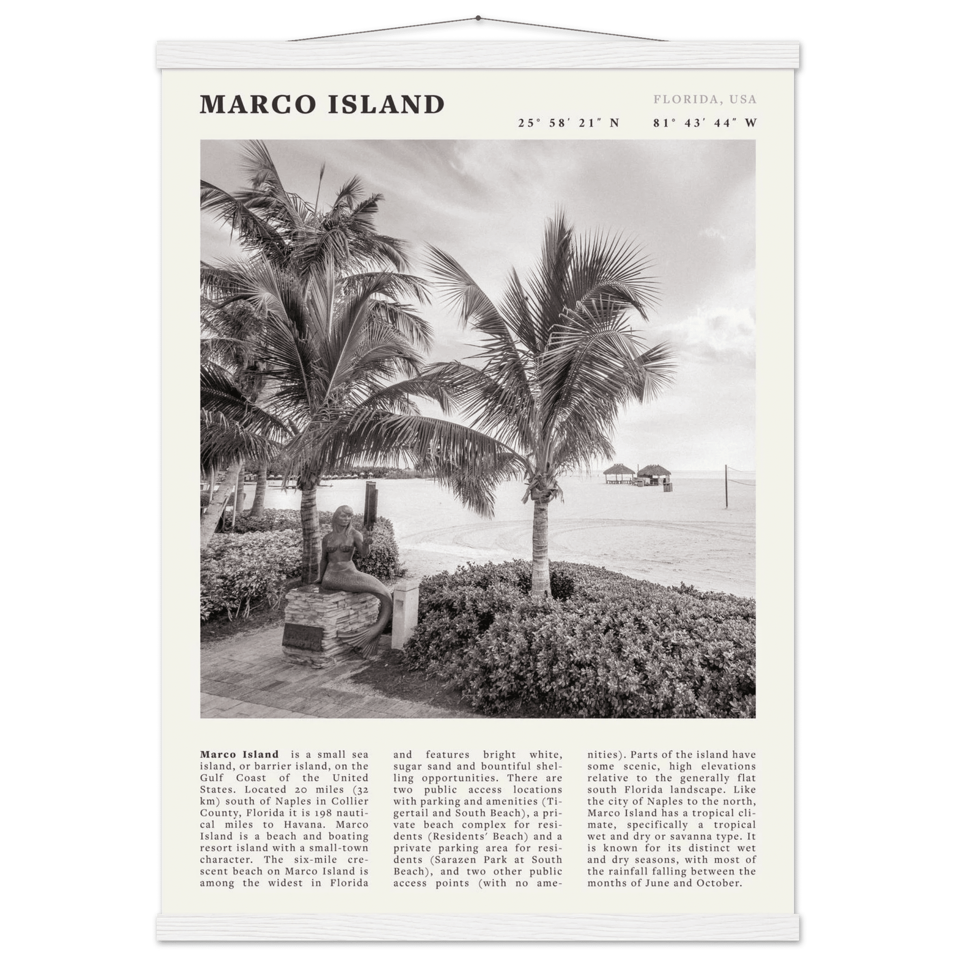 Marco Island Poster | Black & White Florida Beach Wall Art | Coastal Travel Print - Evergreen Posters
