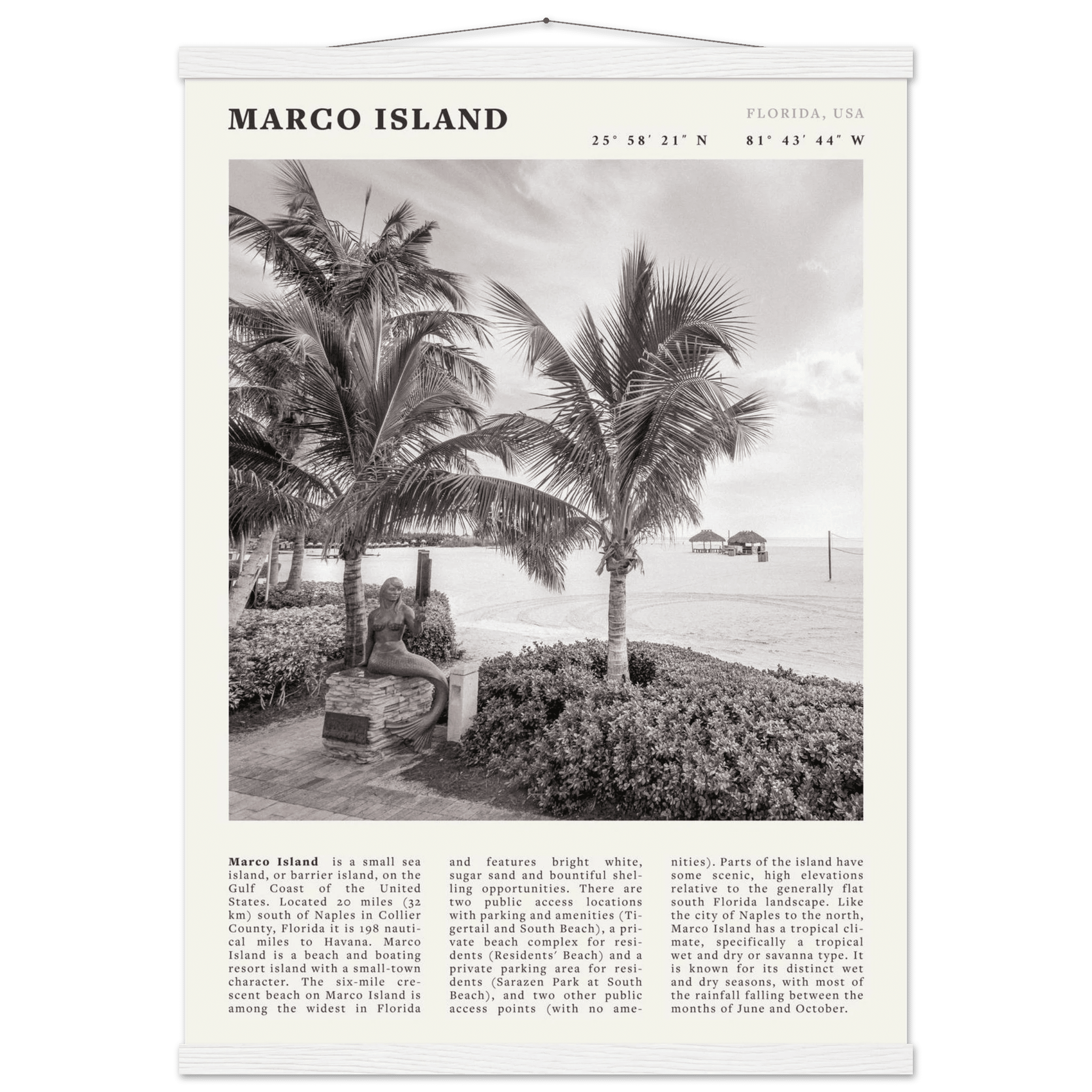 Marco Island Poster | Black & White Florida Beach Wall Art | Coastal Travel Print - Evergreen Posters