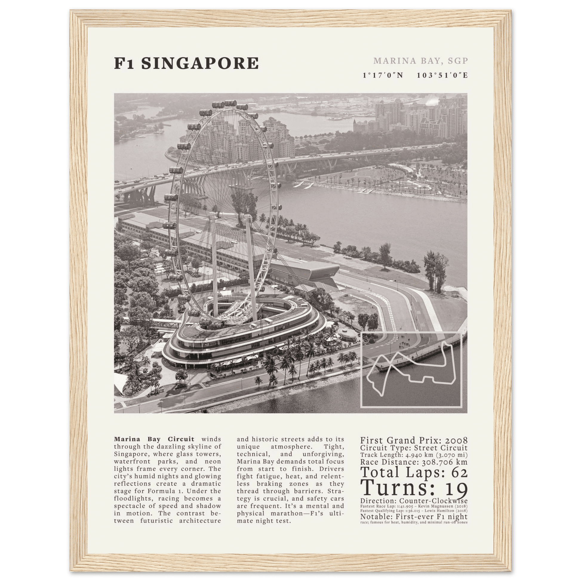 F1 Singapore Poster Black and White – Vintage Marina Bay Night Race Print (Digital & Printed Options) - Evergreen Posters