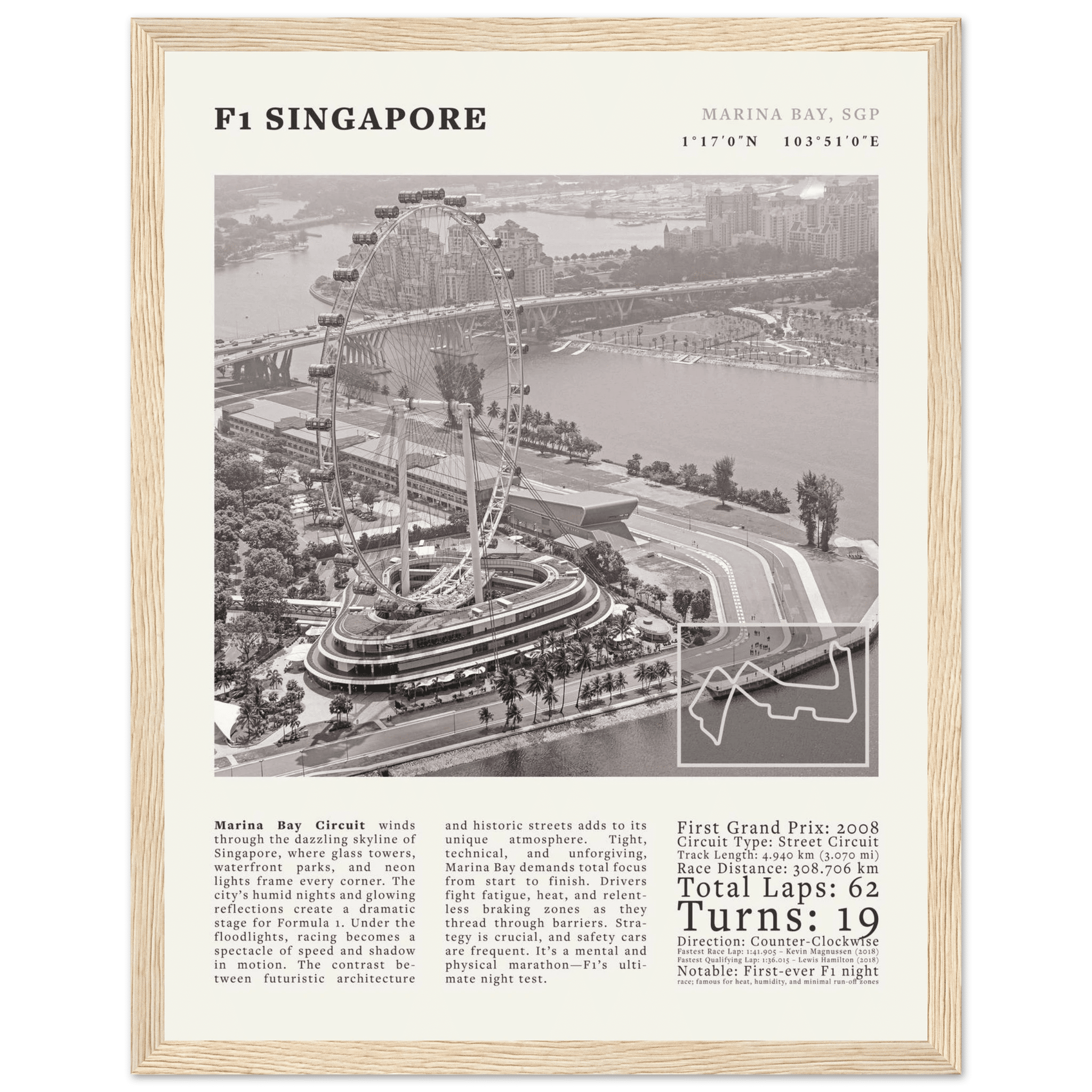 F1 Singapore Poster Black and White – Vintage Marina Bay Night Race Print (Digital & Printed Options) - Evergreen Posters