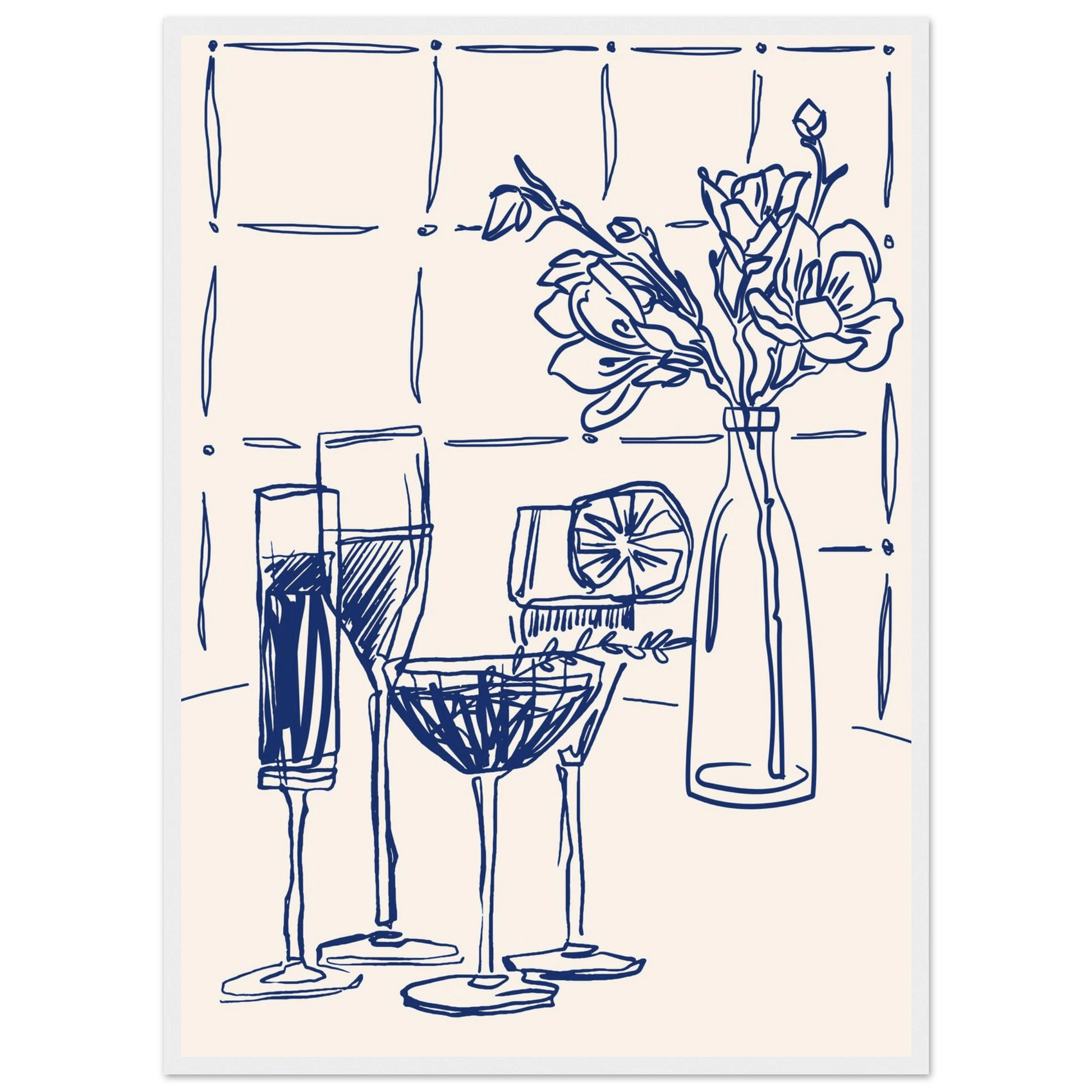 Cocktails & Flowers Print | Navy Blue Line Art Drinks Wall Art | Kitchen Bar Poster - Evergreen Posters