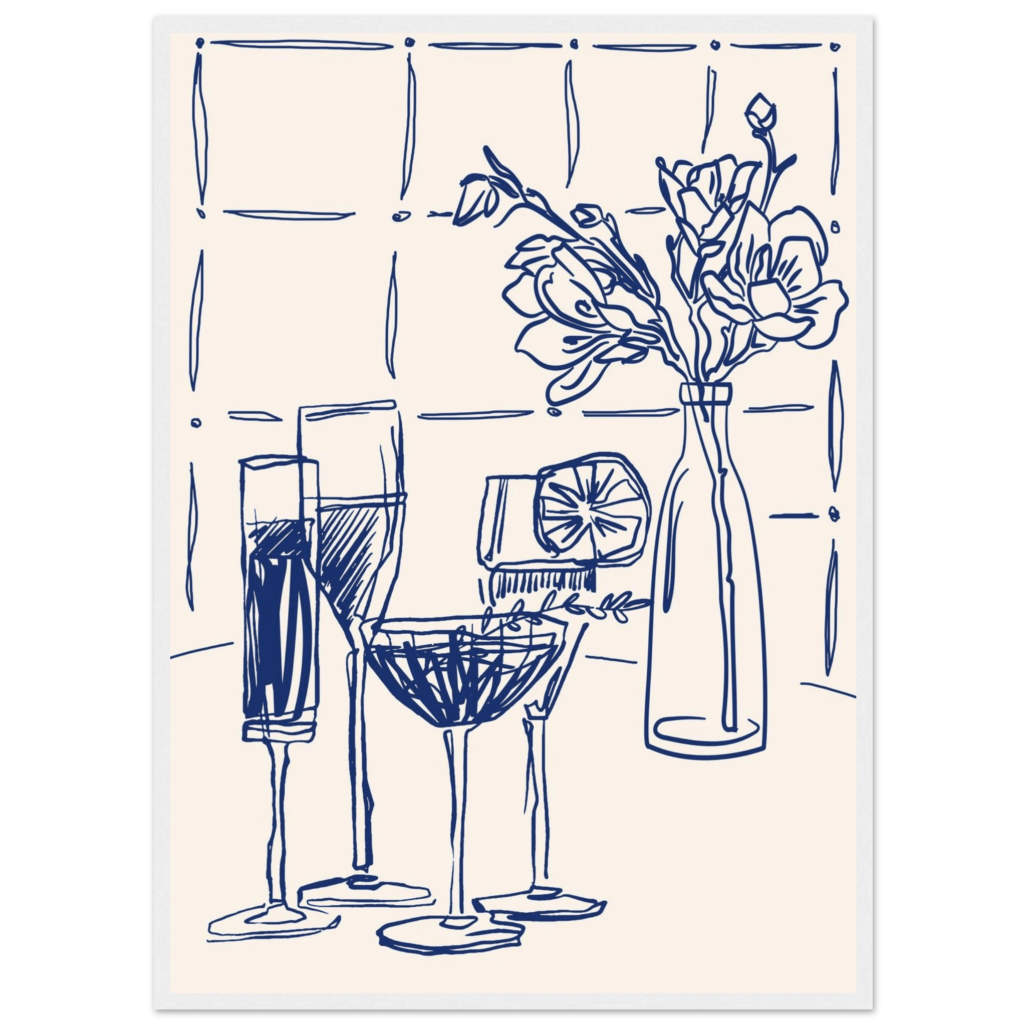 Cocktails & Flowers Print | Navy Blue Line Art Drinks Wall Art | Kitchen Bar Poster - Evergreen Posters