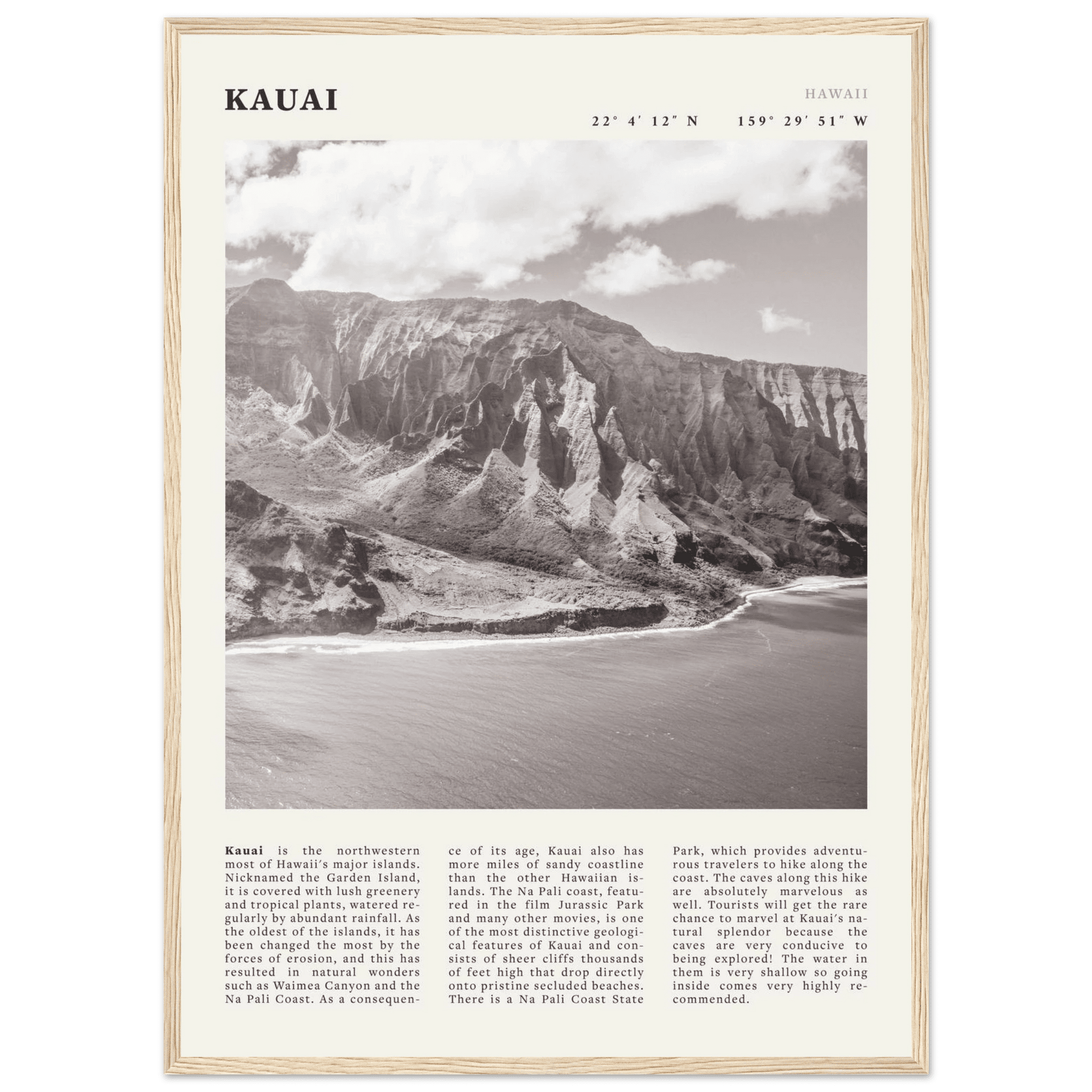Kauai Poster | Black & White Na Pali Coast Wall Art | Hawaii Travel Print Decor - Evergreen Posters