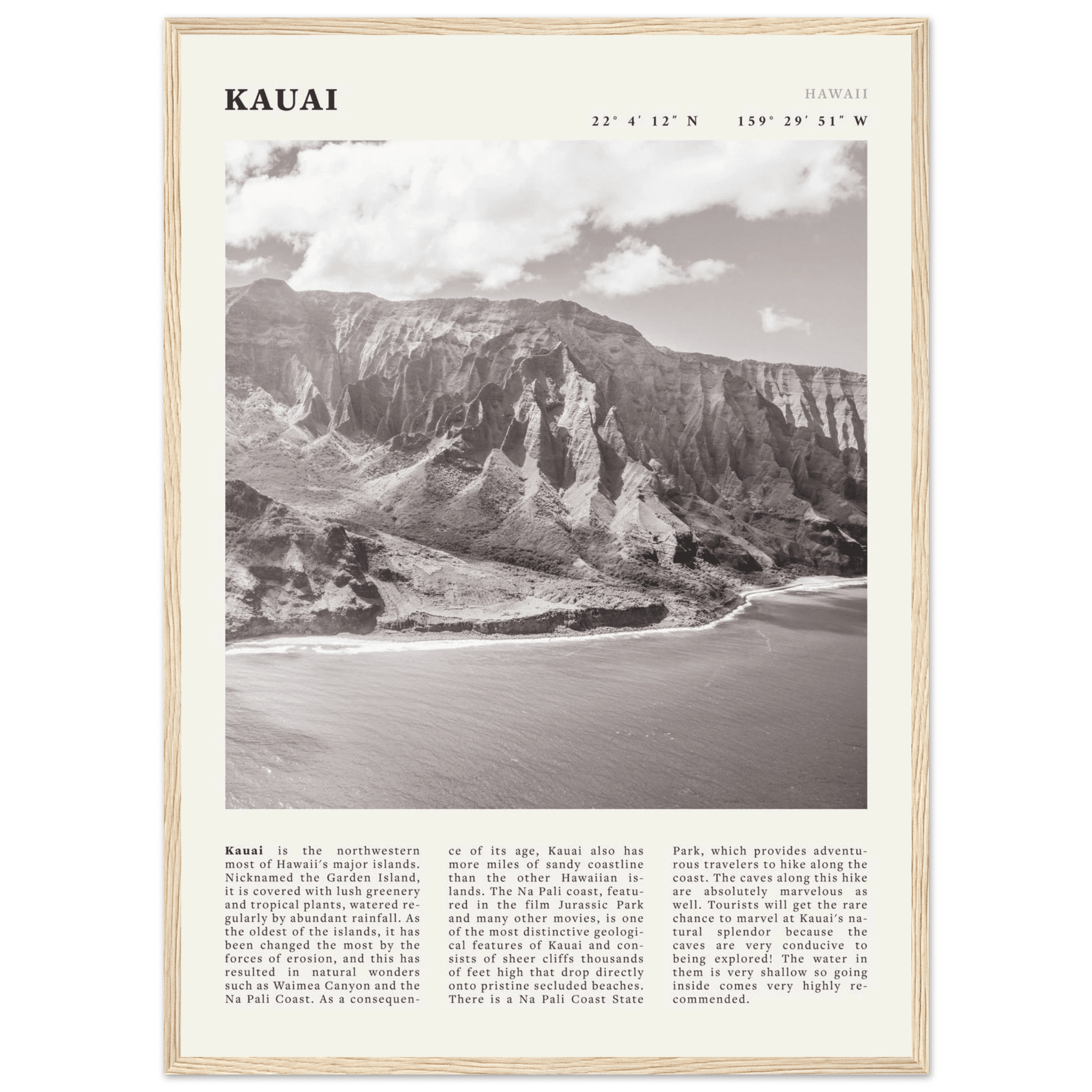 Kauai Poster | Black & White Na Pali Coast Wall Art | Hawaii Travel Print Decor - Evergreen Posters