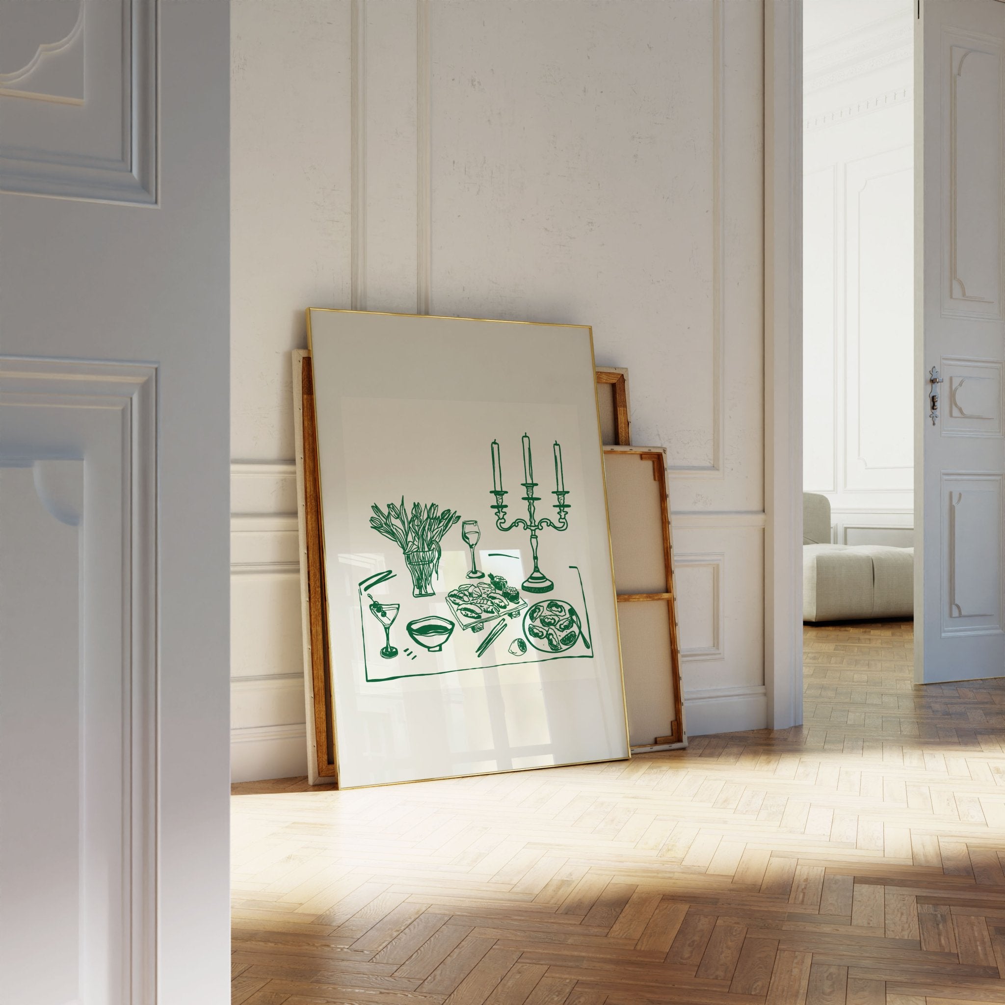 Fine Dining Table Print | Green Line Art Kitchen Wall Art | Elegant Dining Room Poster - Evergreen Posters