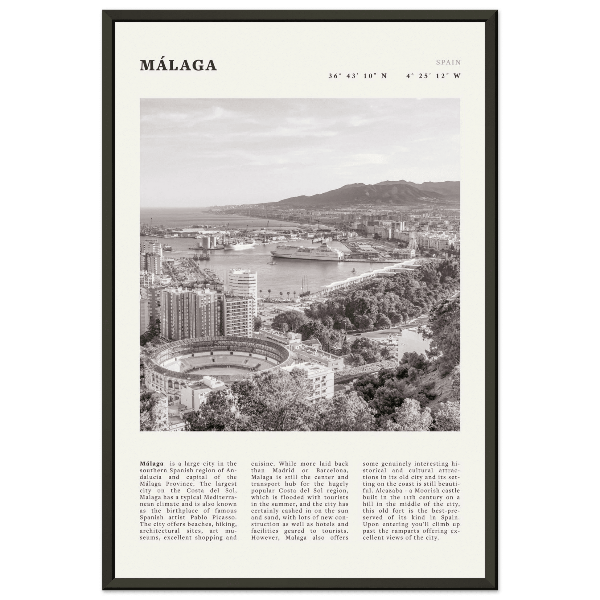 Málaga Poster | Black & White Costa del Sol Wall Art | Spain Travel Print - Evergreen Posters