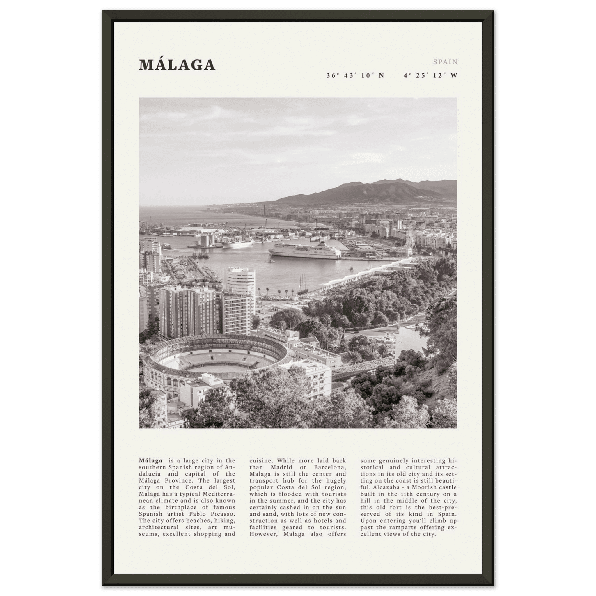 Málaga Poster | Black & White Costa del Sol Wall Art | Spain Travel Print - Evergreen Posters