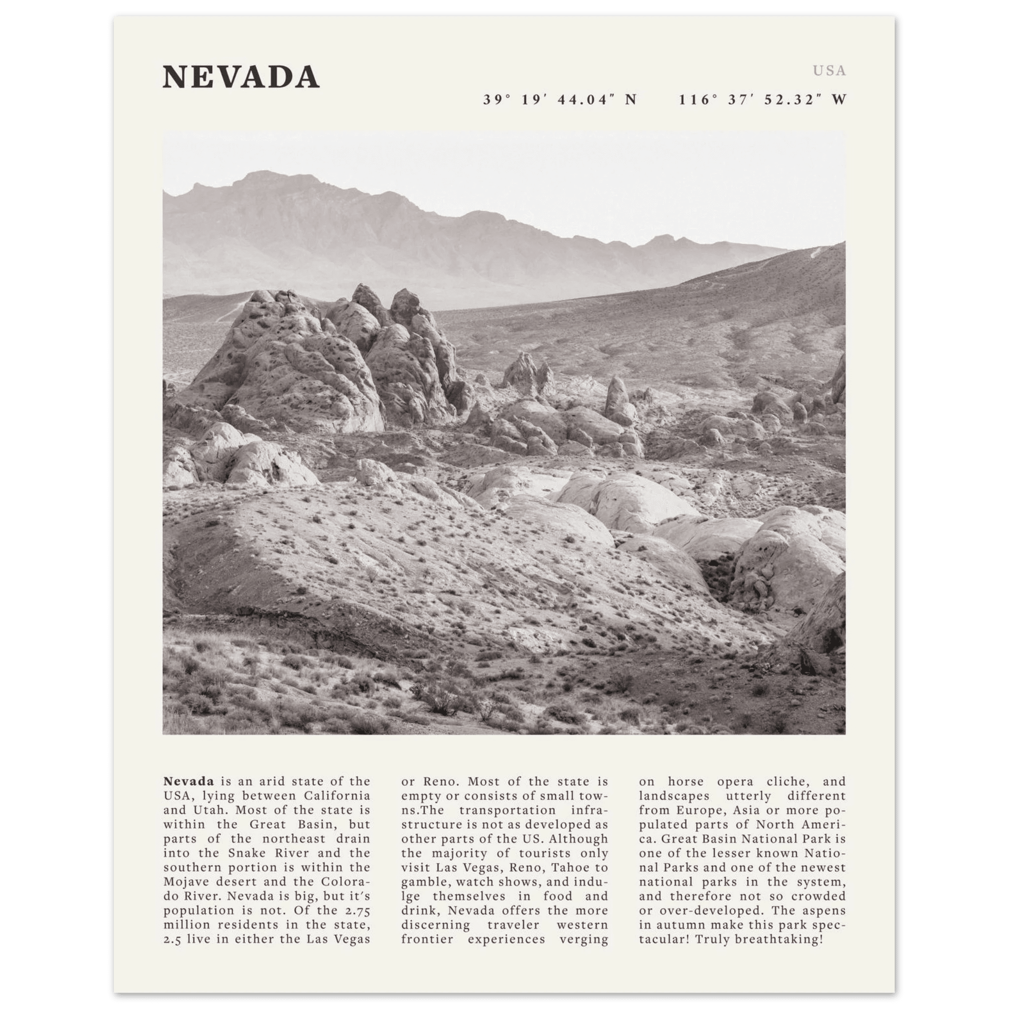 Nevada Poster | Black & White Desert Landscape Wall Art | USA Travel Print Decor - Evergreen Posters