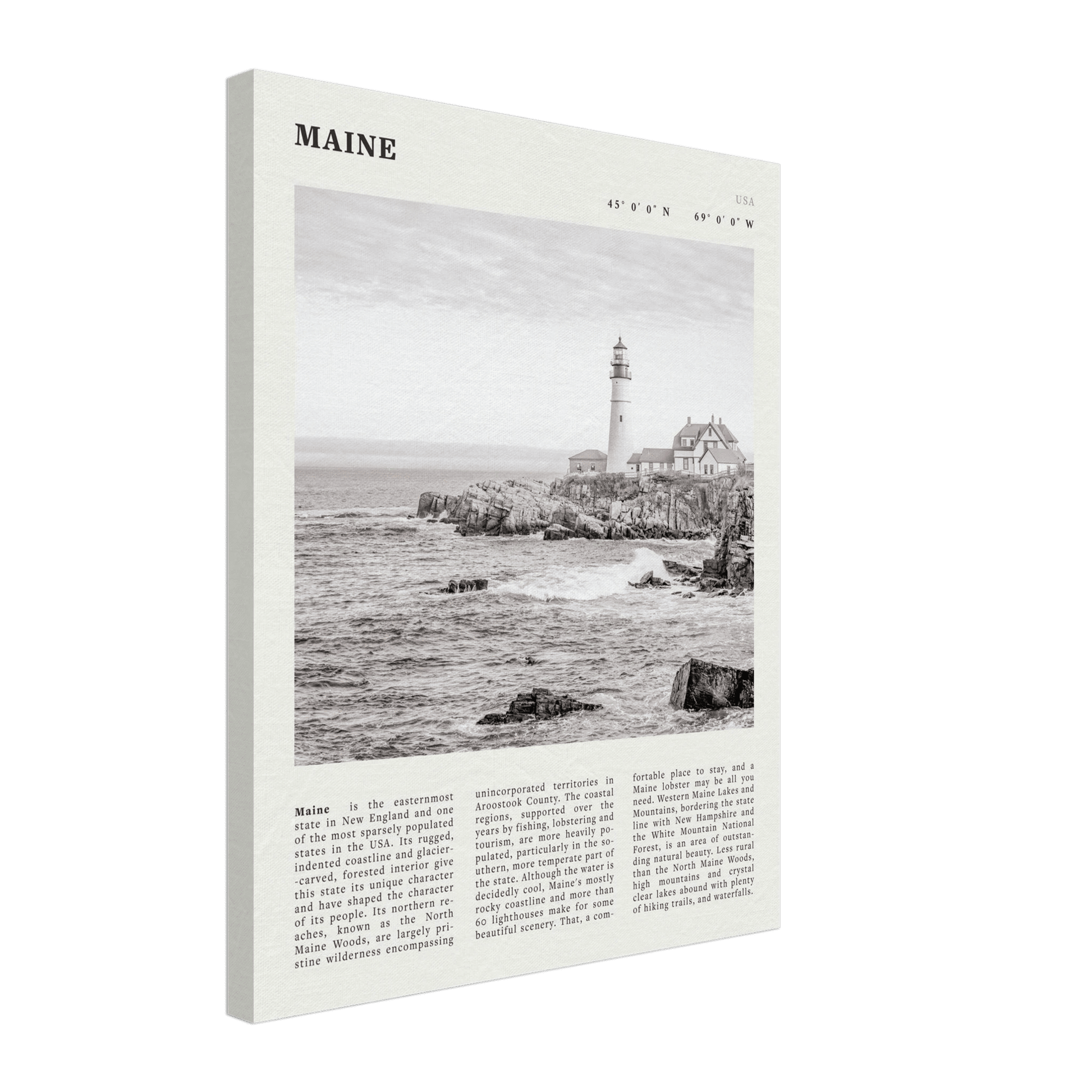 Maine Poster | Black & White Lighthouse Wall Art | New England Coastal Travel Print - Evergreen Posters