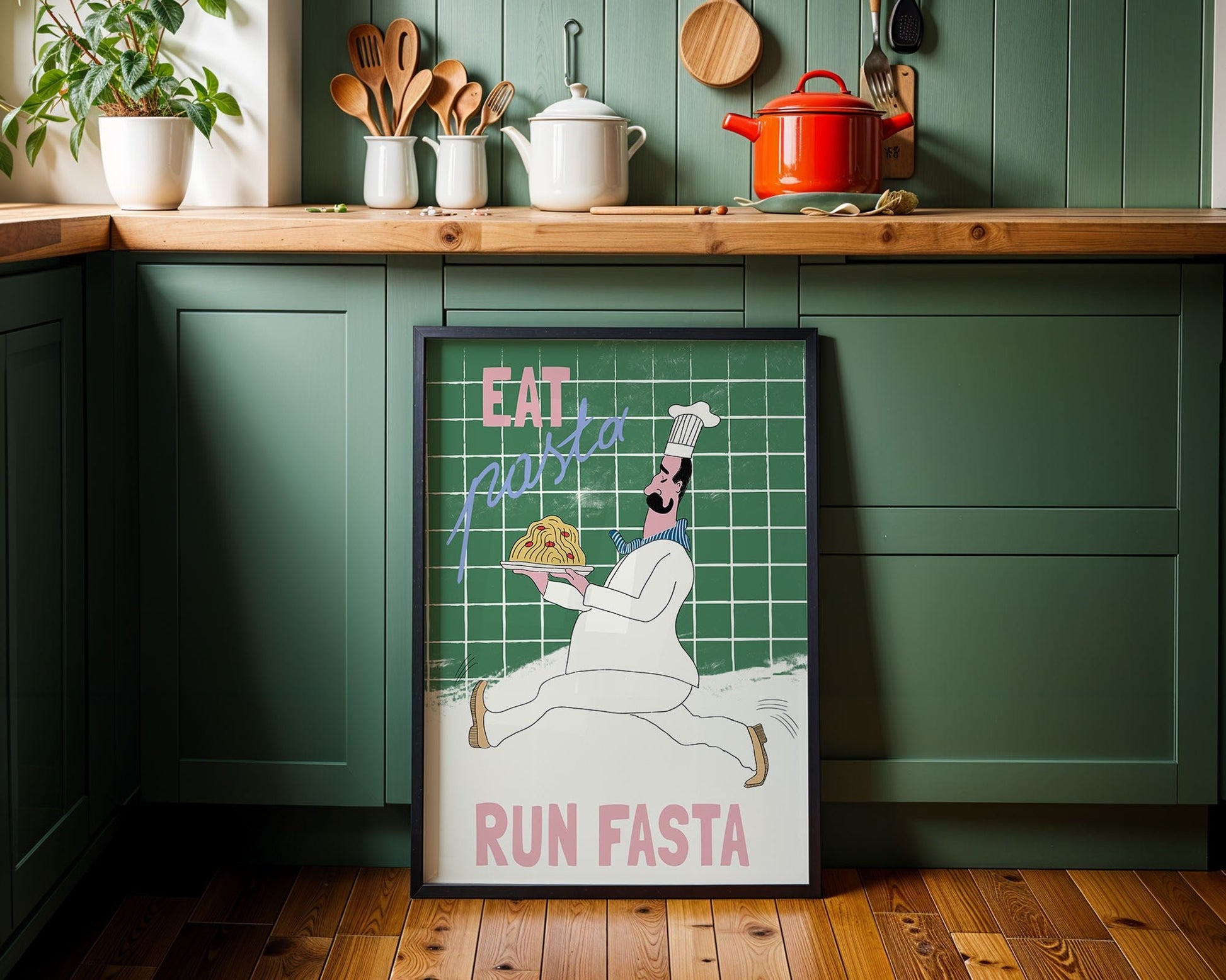 Eat Pasta Run Fasta Poster – Playful Kitchen Wall Art Print (Green Edition) - Evergreen Posters